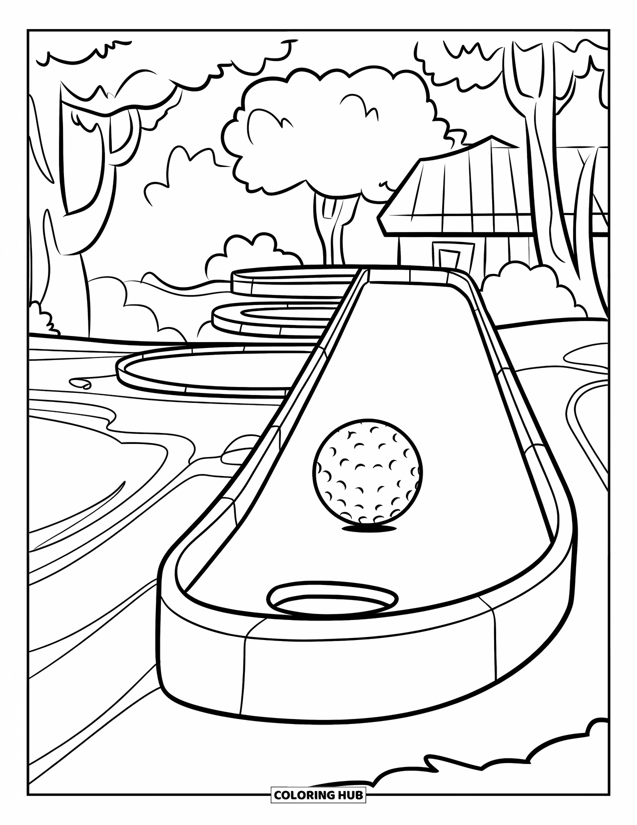 Golf Coloring Page for Kids: Ball flies off a curved ramp on a mini-golf course with trees in the background