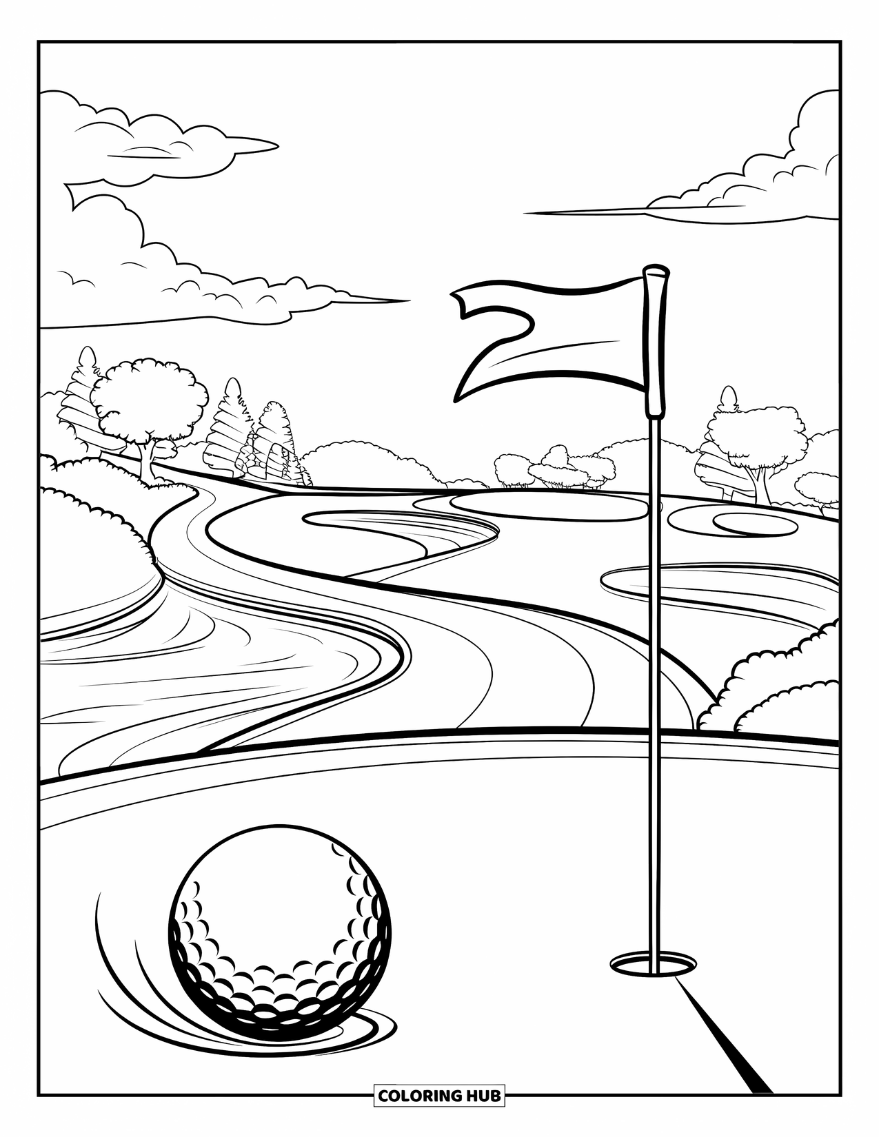Golf Coloring Page for Kids: Ball moves across a winding course with flags, sand traps, and a breezy sky