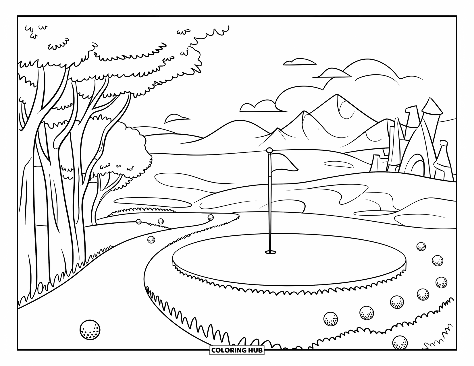 Golf Coloring Page for Kids: Bumpy golf path with balls leads to a hole near a castle and mountains