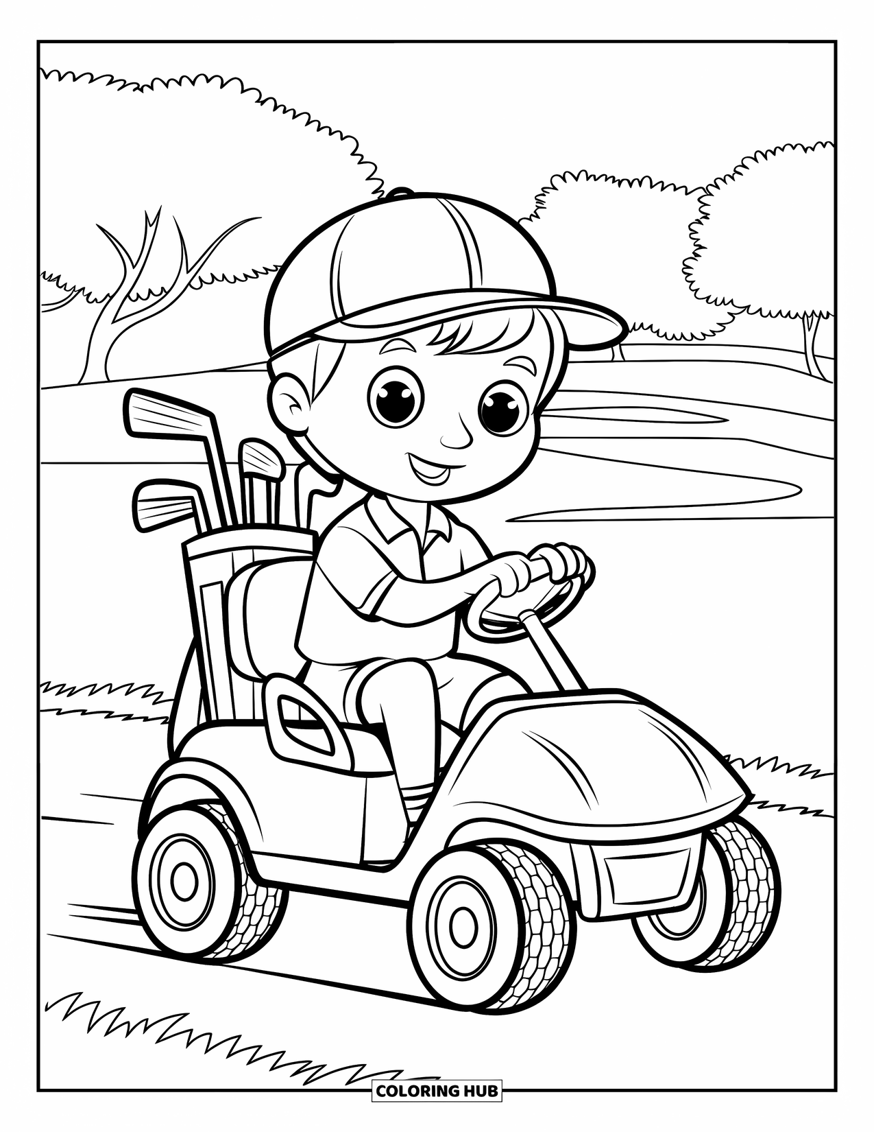 Golf Coloring Page for Kids: Child golfer in a cart with clubs on a green course with trees behind