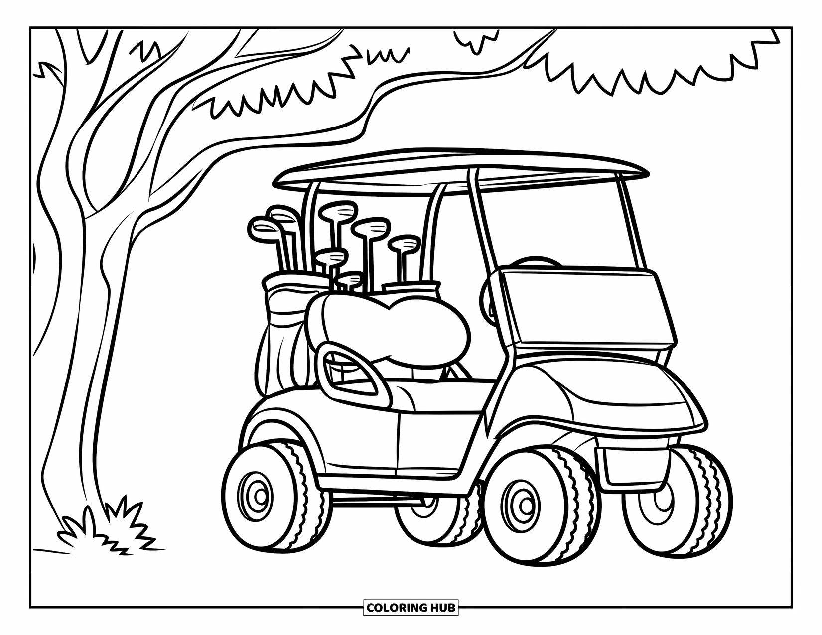 Golf Coloring Page for Kids: Chunky golf cart under a tree filled with clubs, perfect for young kids