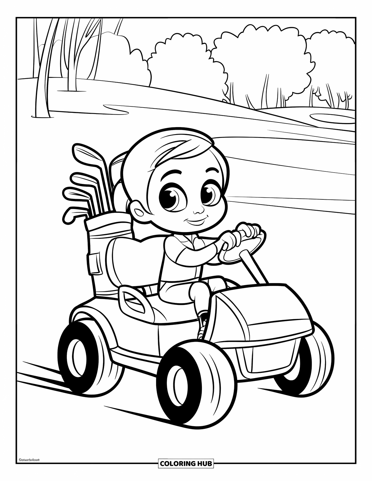 Golf Coloring Page for Kids: Cute golfer rides a tiny golf cart with clubs across a lush course