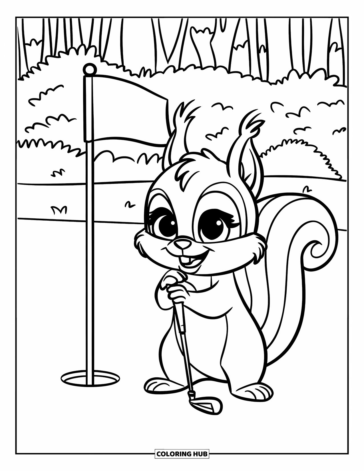 Golf Coloring Page for Kids: Friendly squirrel holds a golf club beside a flagged hole in the woods