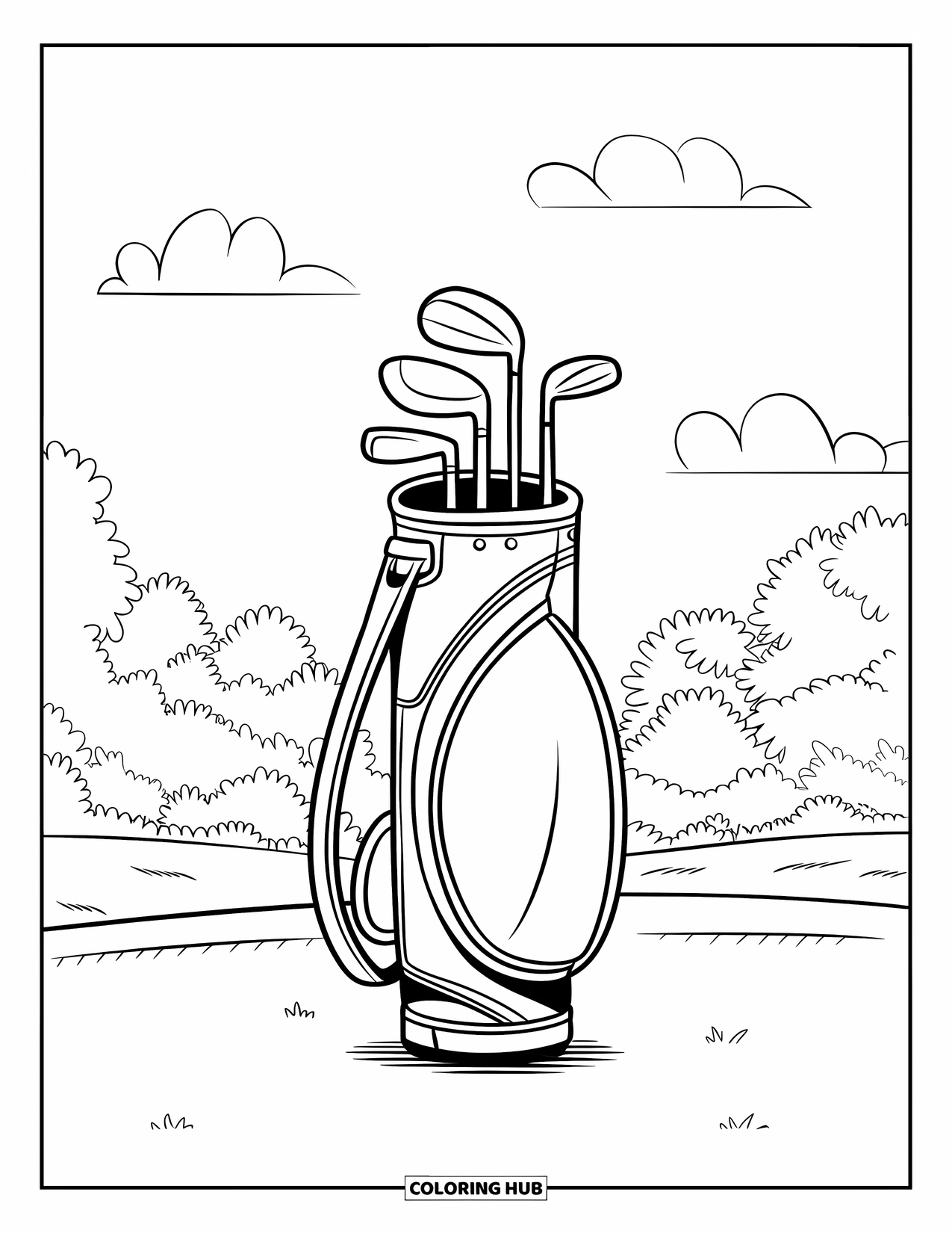 Golf Coloring Page for Kids: Golf bag with clubs rests on grass with trees and clouds in the background