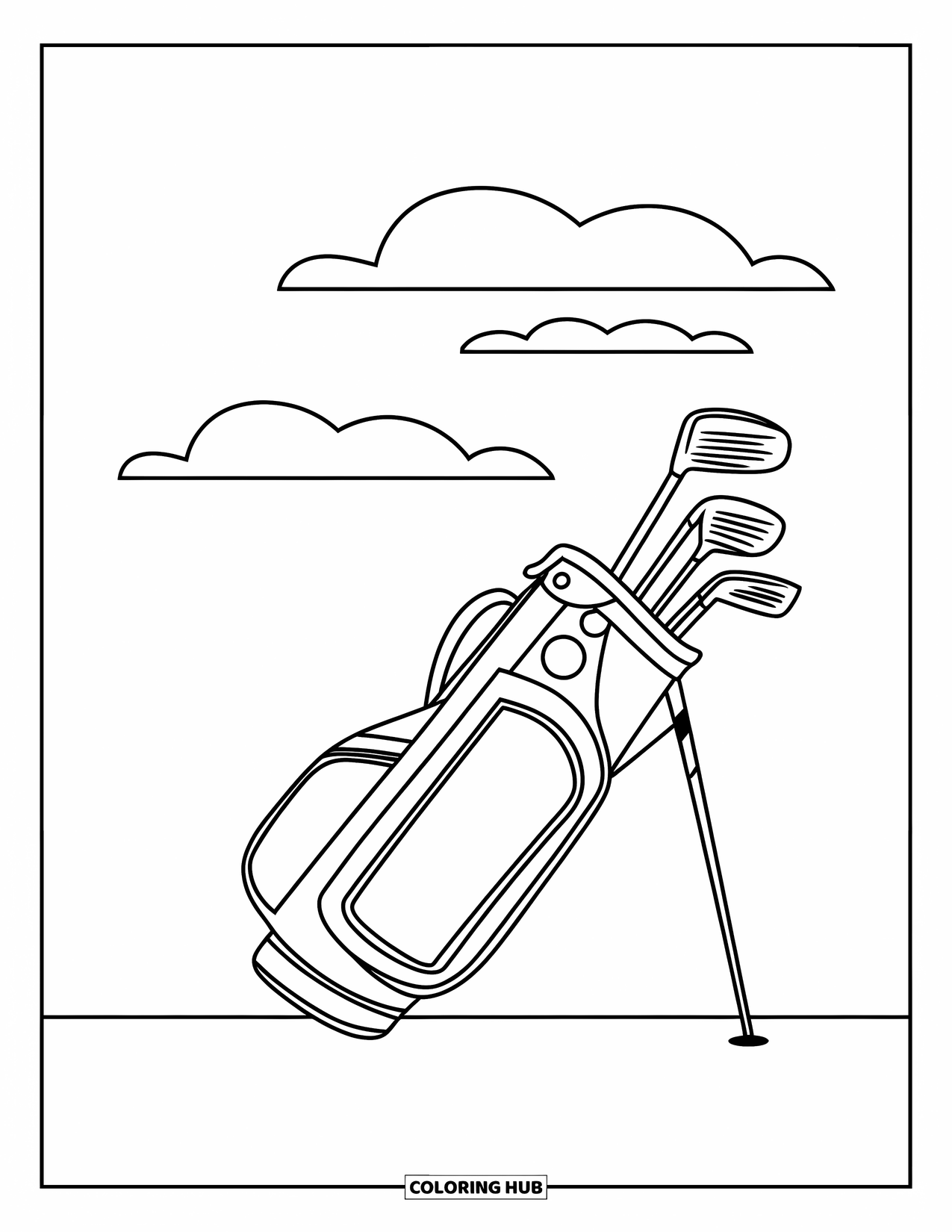 Golf Coloring Page for Kids: Golf bag with three clubs stands in the grass under a sky with clouds
