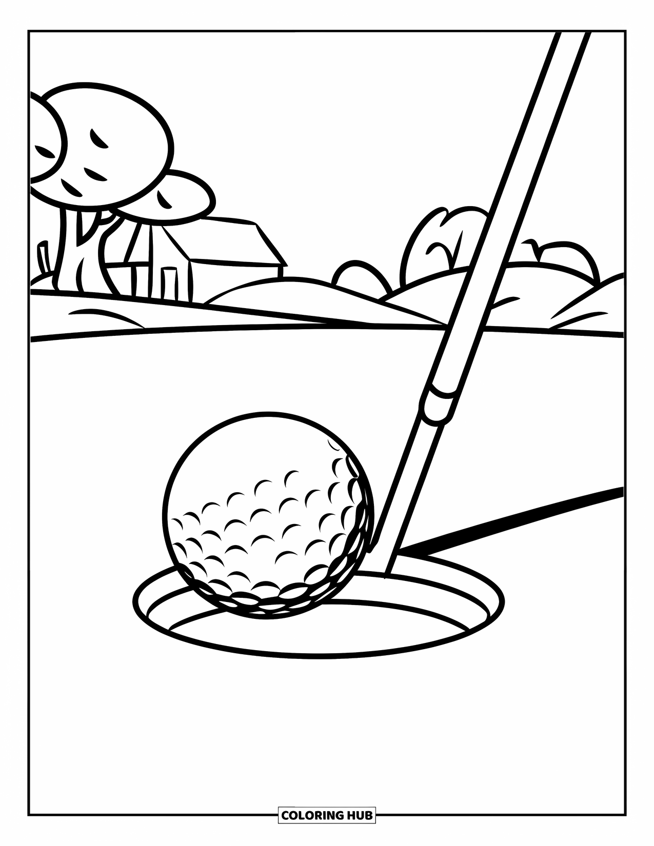 Golf Coloring Page for Kids: Golf ball nearly drops into the hole, seen from a low angle with trees behind