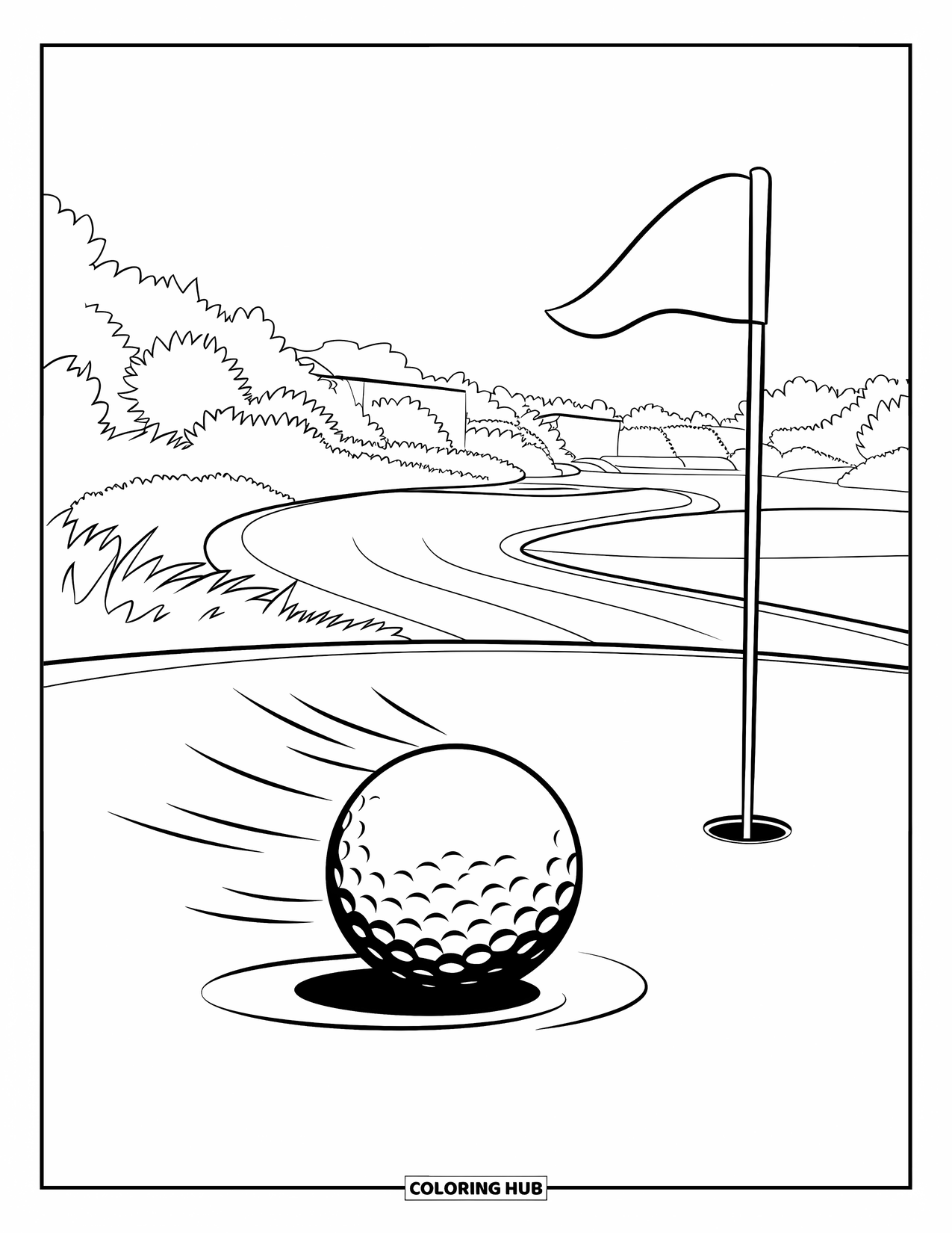 Golf Coloring Page for Kids: Golf ball rolls with motion frames along a curvy course toward the flag