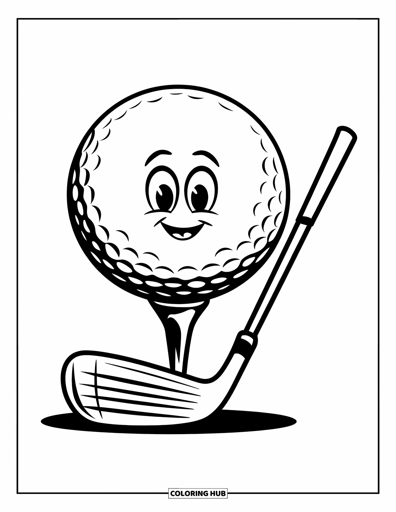 Golf Coloring Page for Kids: Golf ball with a face sits on a tee beside a club on a clean layout