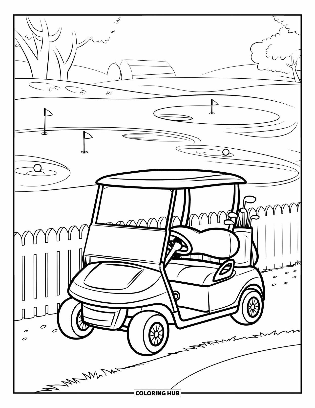 Golf Coloring Page for Kids: Golf cart parked near a picket fence with gear and flags on the practice range