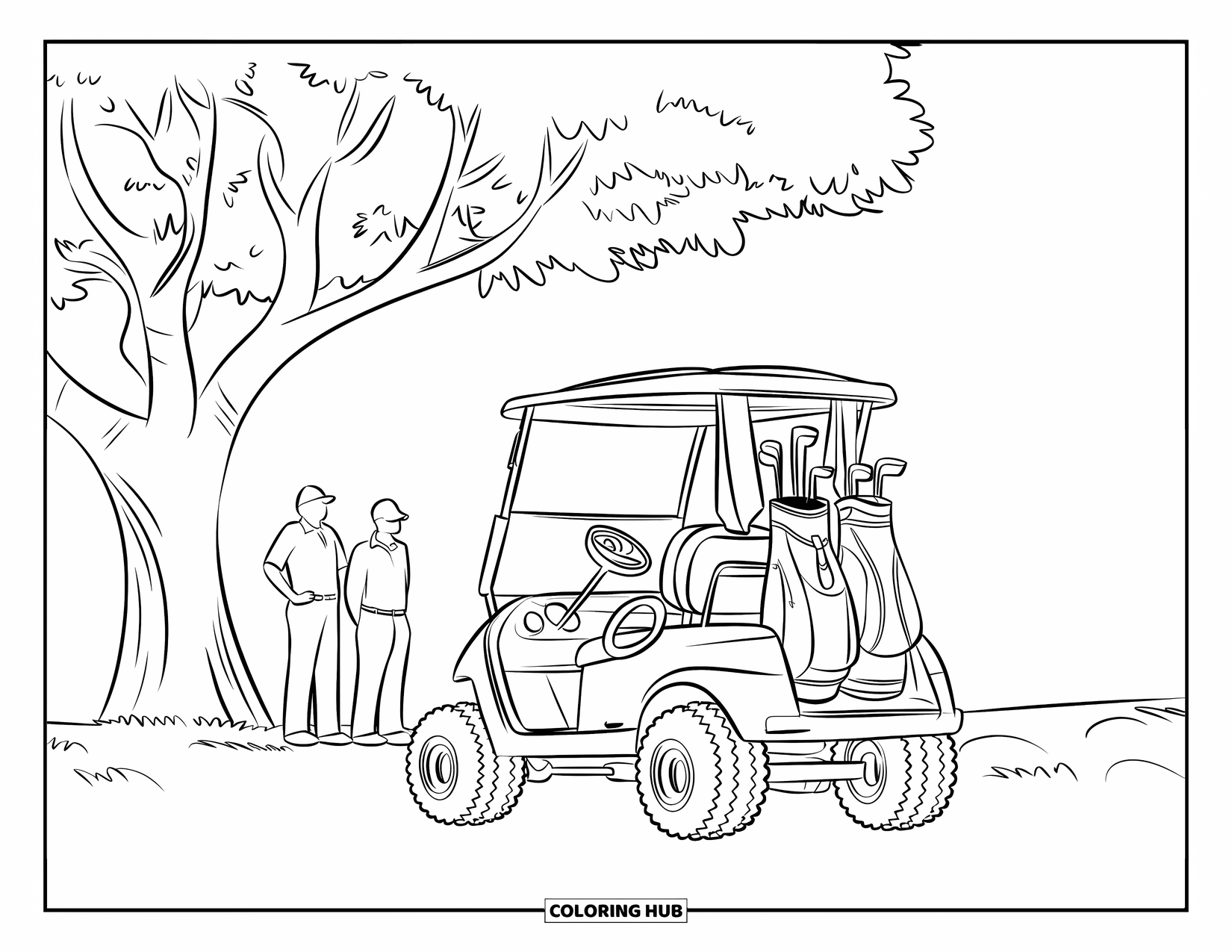 Golf Coloring Page for Kids: Golf cart under a large tree with two golfers nearby on grassy ground