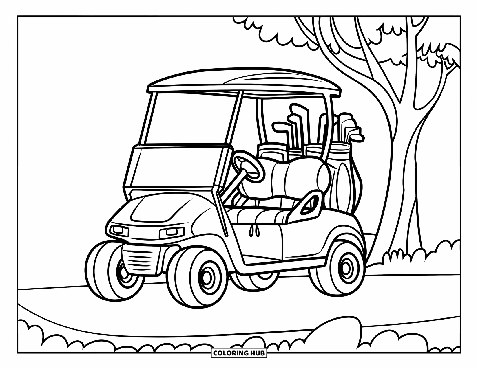 Golf Coloring Page for Kids: Golf cart with big wheels and clubs sits under a tree, simple and playful