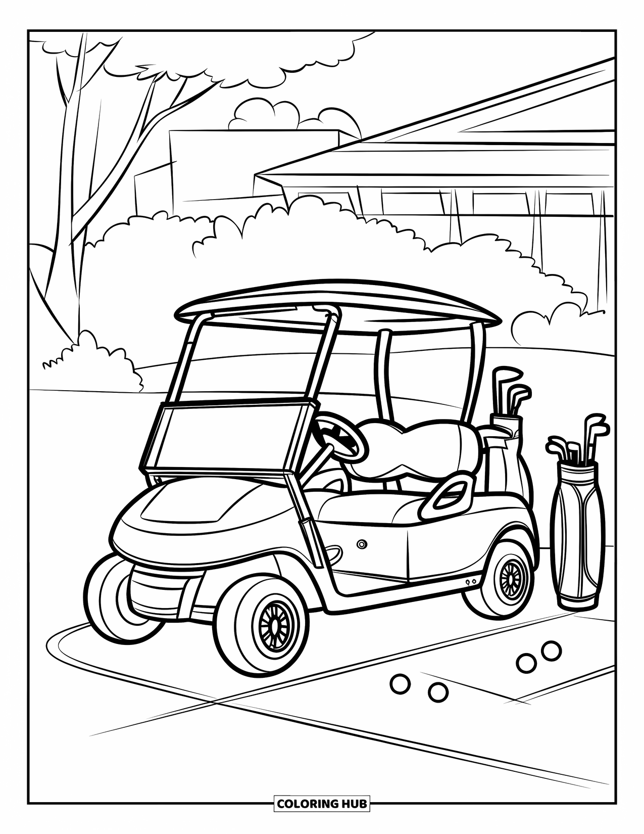 Golf Coloring Page for Kids: Golf cart with nearby clubs and balls sits beside trees and a practice range