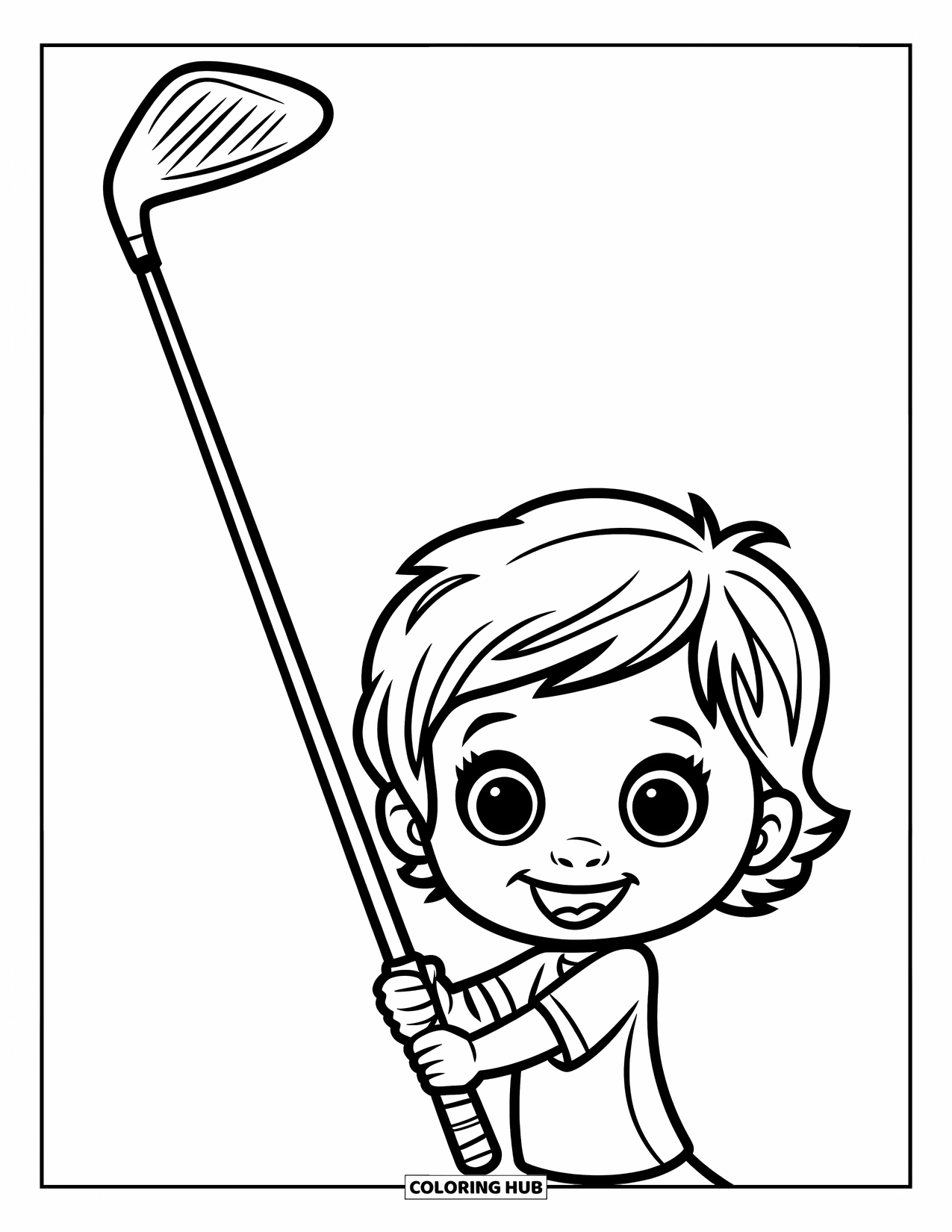 Golf Coloring Page for Kids: Grinning child holds a giant club with no background around