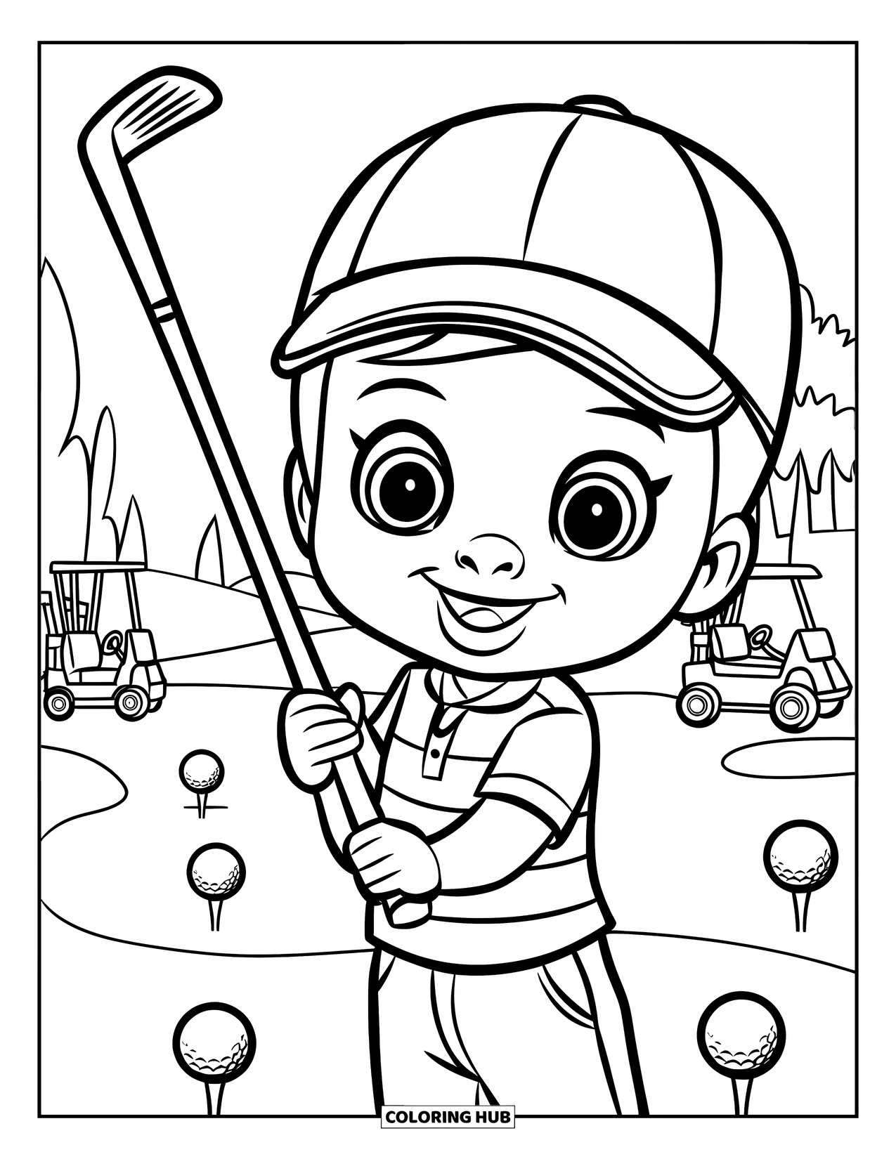 Golf Coloring Page for Kids: Happy child with a big club stands on a course with carts and trees