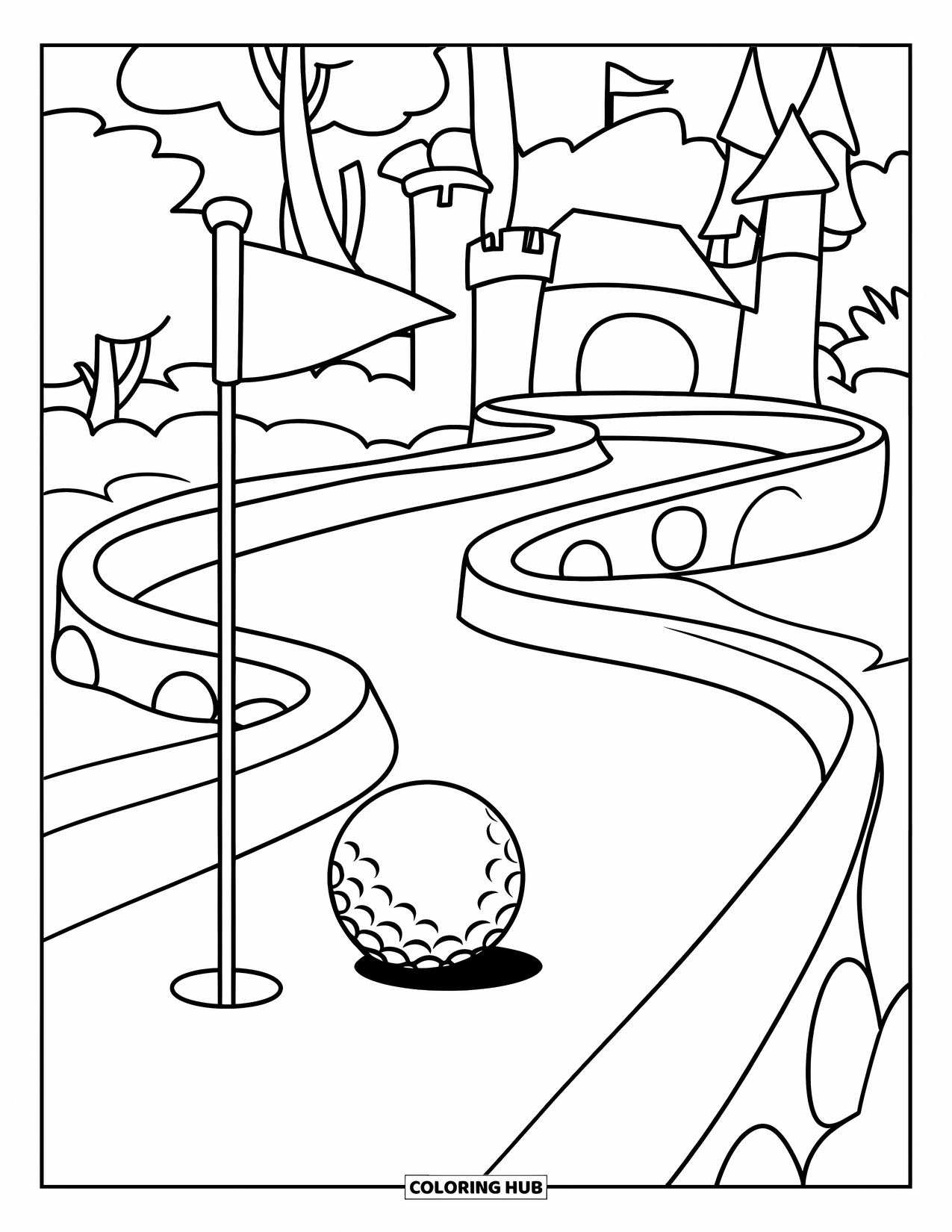 Golf Coloring Page for Kids: Mini-golf ball launches from a ramp toward a flag with trees and castle behind