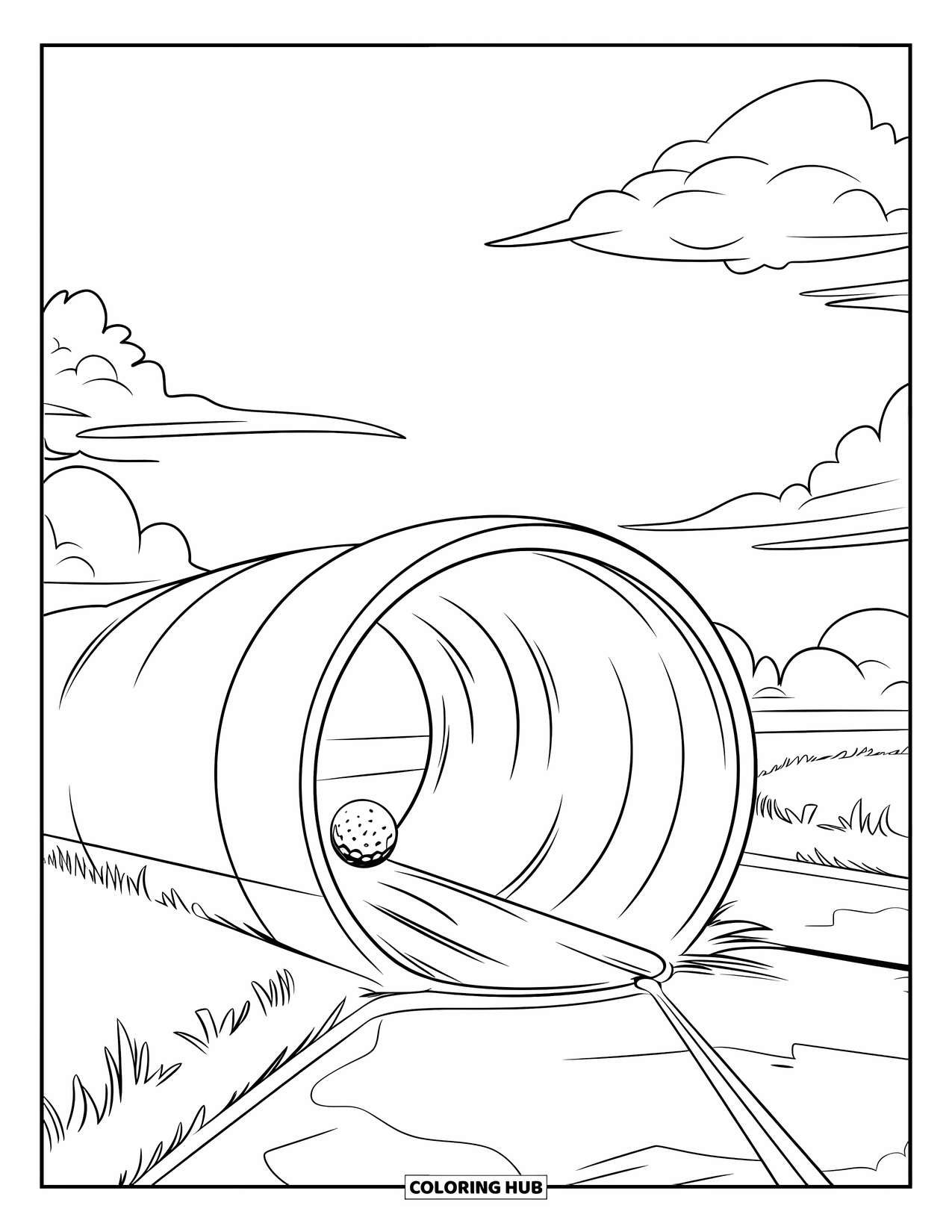 Golf Coloring Page for Kids: Mini-golf ball sits inside a curved tunnel with clouds in the sky above