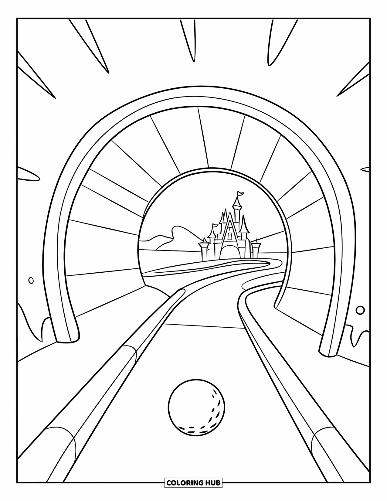 Golf Coloring Page for Kids: Mini-golf tunnel with a ball and a castle in the background
