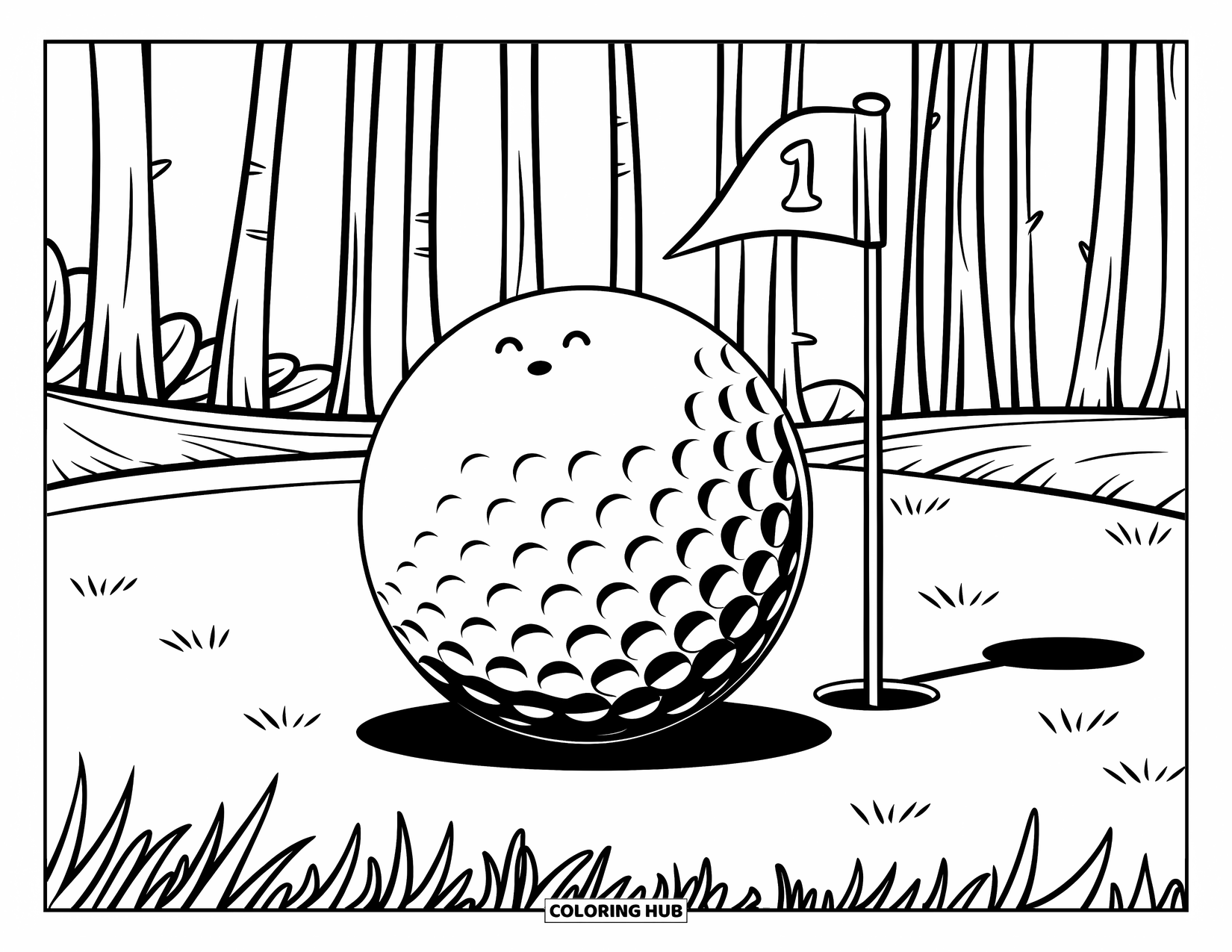 Golf Coloring Page for Kids: Mouse-faced giant ball rolls through a green field with thin trees in view
