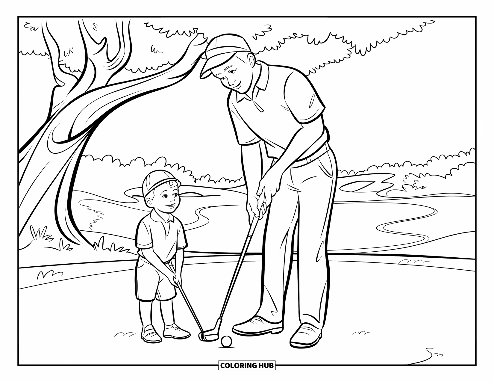 Golf Coloring Page for Kids: Parent and child golf together on a course with multiple holes and a white ball