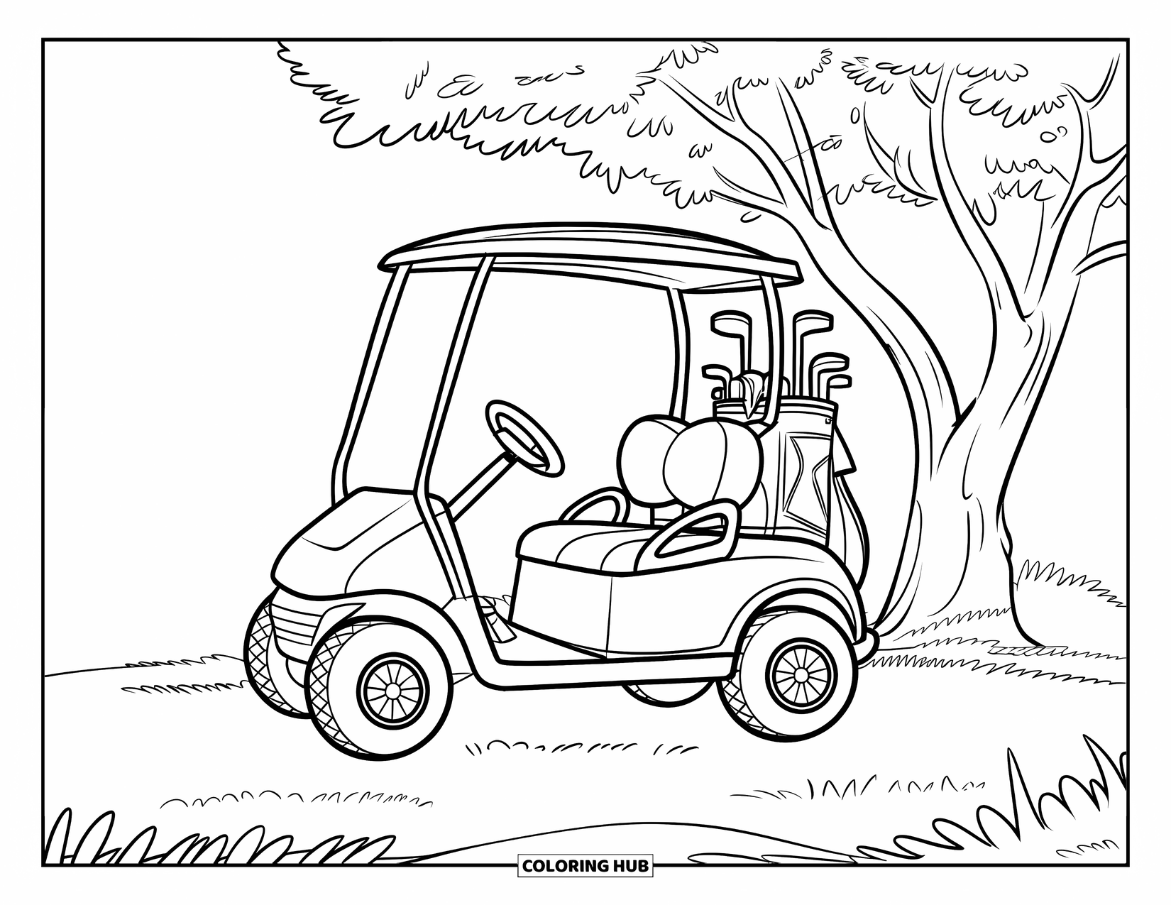 Golf Coloring Page for Kids: Preschool-friendly golf cart with big wheels parked under a leafy tree