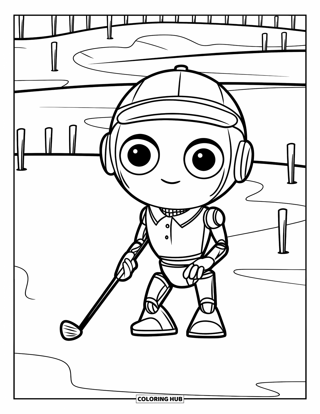 Golf Coloring Page for Kids: Robot golfer lines up a swing with a tiny club on a field with white poles