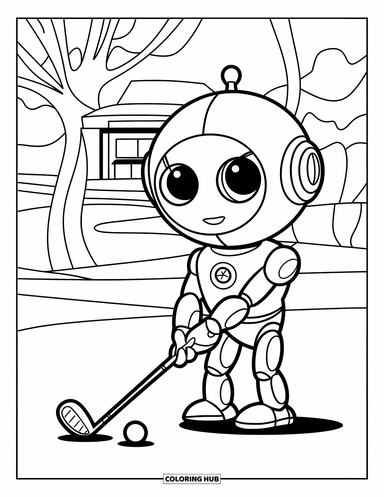 Golf Coloring Page for Kids: Robot golfer with a button nose stands ready to swing on a field near trees