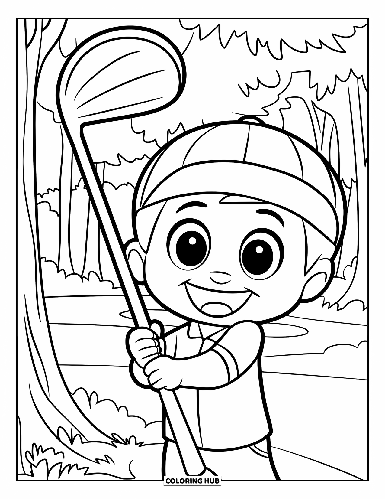 Golf Coloring Page for Kids: Smiling child holds a giant golf club beside tall trees in a forest