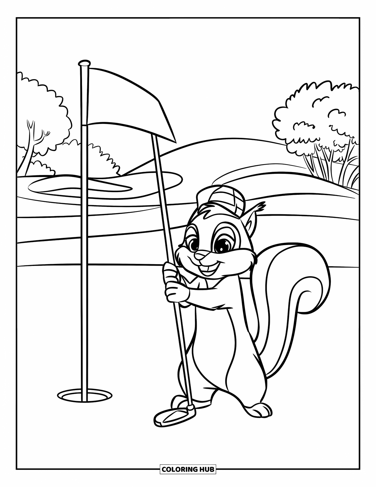 Golf Coloring Page for Kids: Squirrel in a hat stands on a grassy field holding a club near a hole