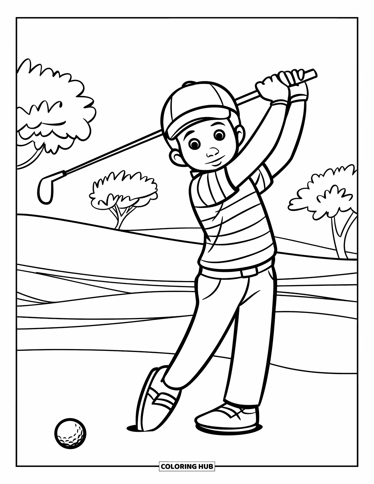Golf Coloring Page for Kids: Striped-shirt golfer raises a club, preparing to swing at a ball on grass