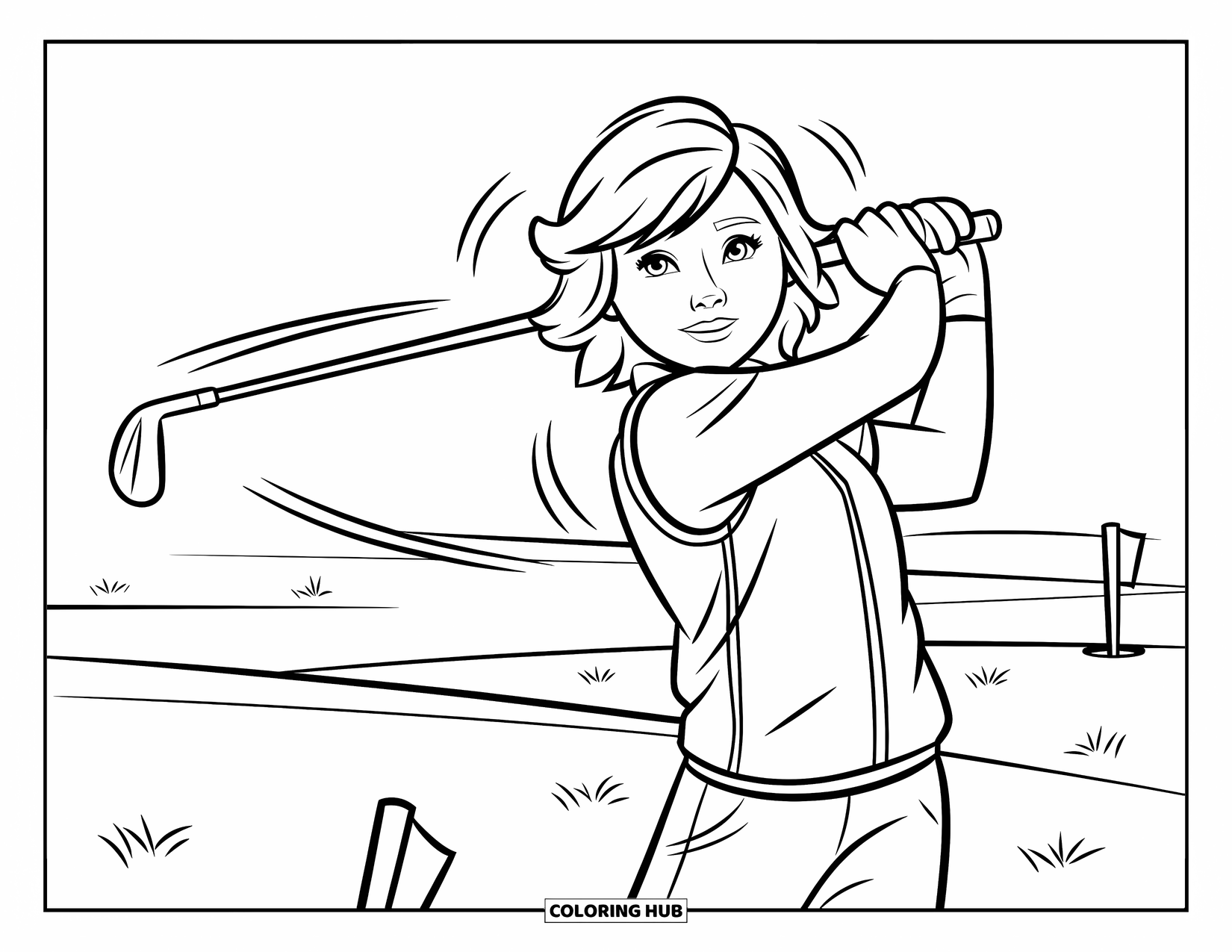 Golf Coloring Page for Kids: Teen golfer mid-swing with flowing hair and dynamic lines on a green course