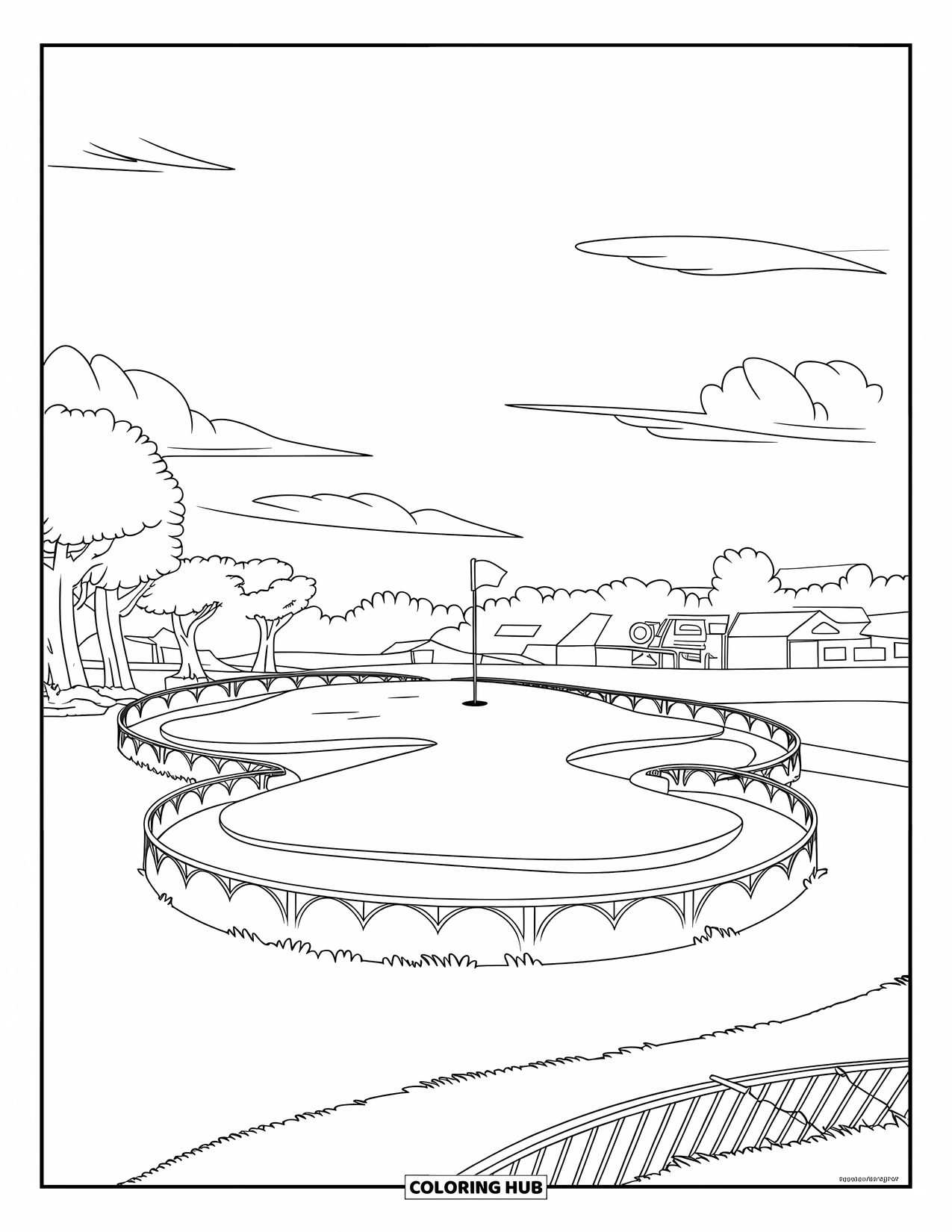 Golf Coloring Page for Kids: Triangular golf course with three holes, trees, and a fence nearby