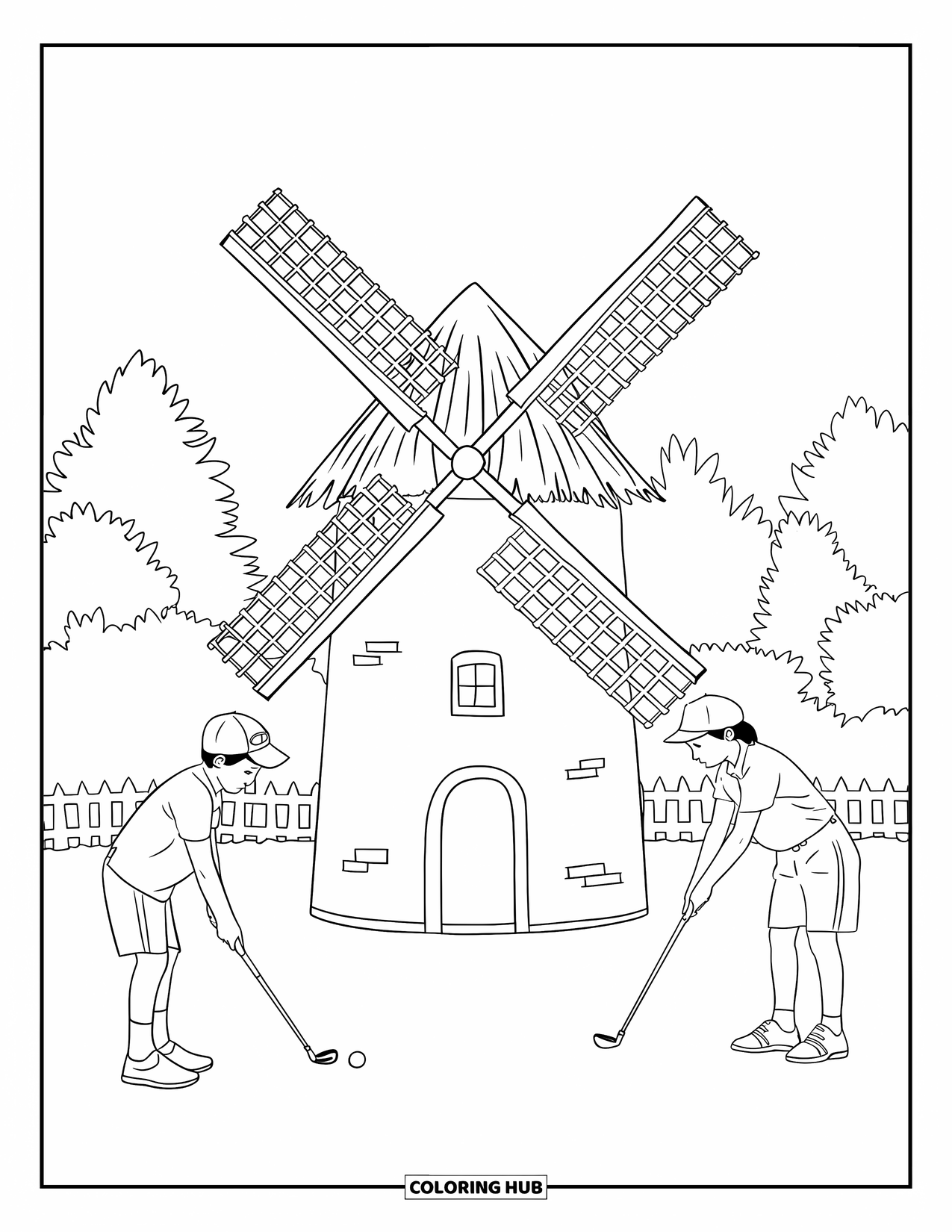 Golf Coloring Page for Kids: Two kids play mini-golf, aiming at a small windmill with a thatched roof