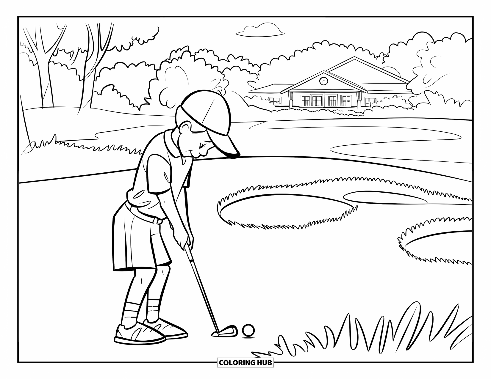 Golf Coloring Page for Kids: Young golfer prepares to putt with traps and a clubhouse in the background