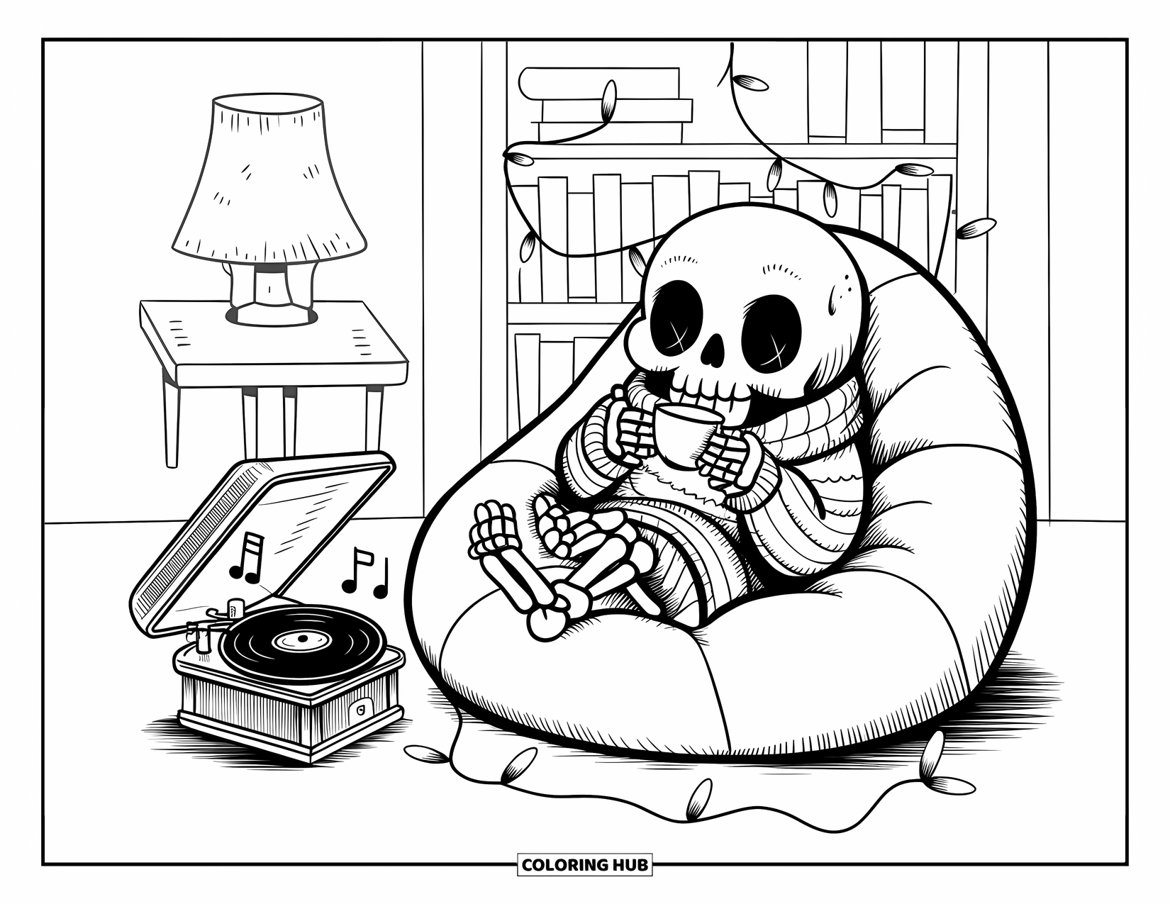 Gothic Coloring Page for Adults: A chubby skeleton relaxes in a bean bag with tea and spooky music playing