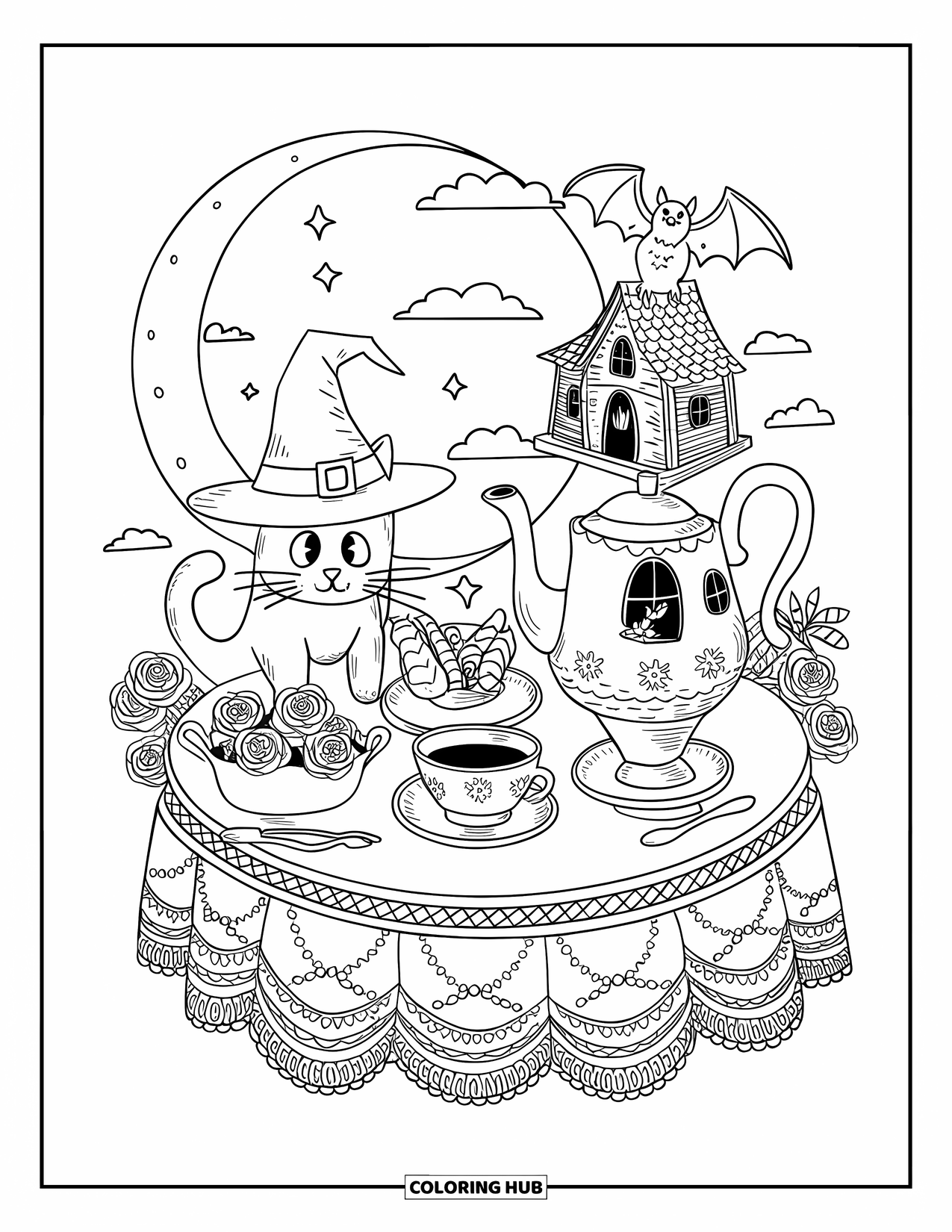 Gothic Coloring Page for Adults: A cozy tea party glows under moonlight with a witchy cat, bat, and haunted teapot