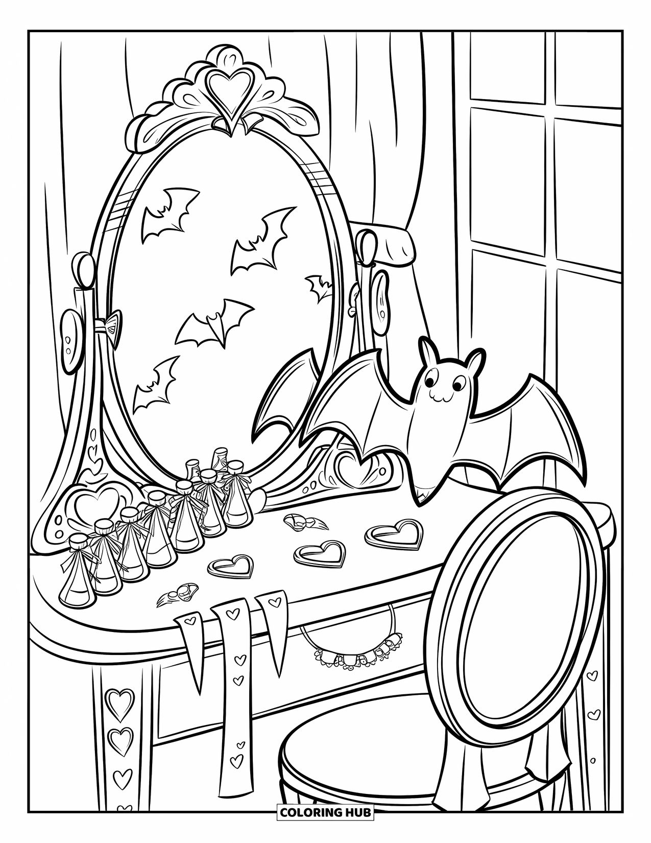 Gothic Coloring Page for Adults: A cute vanity setup with a plush bat pillow, potions, and a heart-decorated mirror