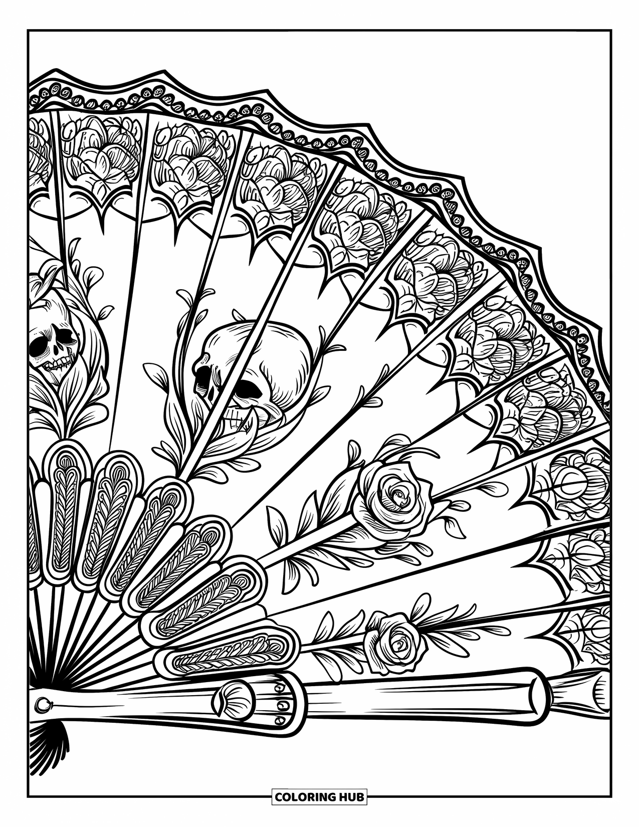 Gothic Coloring Page for Adults: A detailed fan features gothic lace, tiny skulls, and woven roses