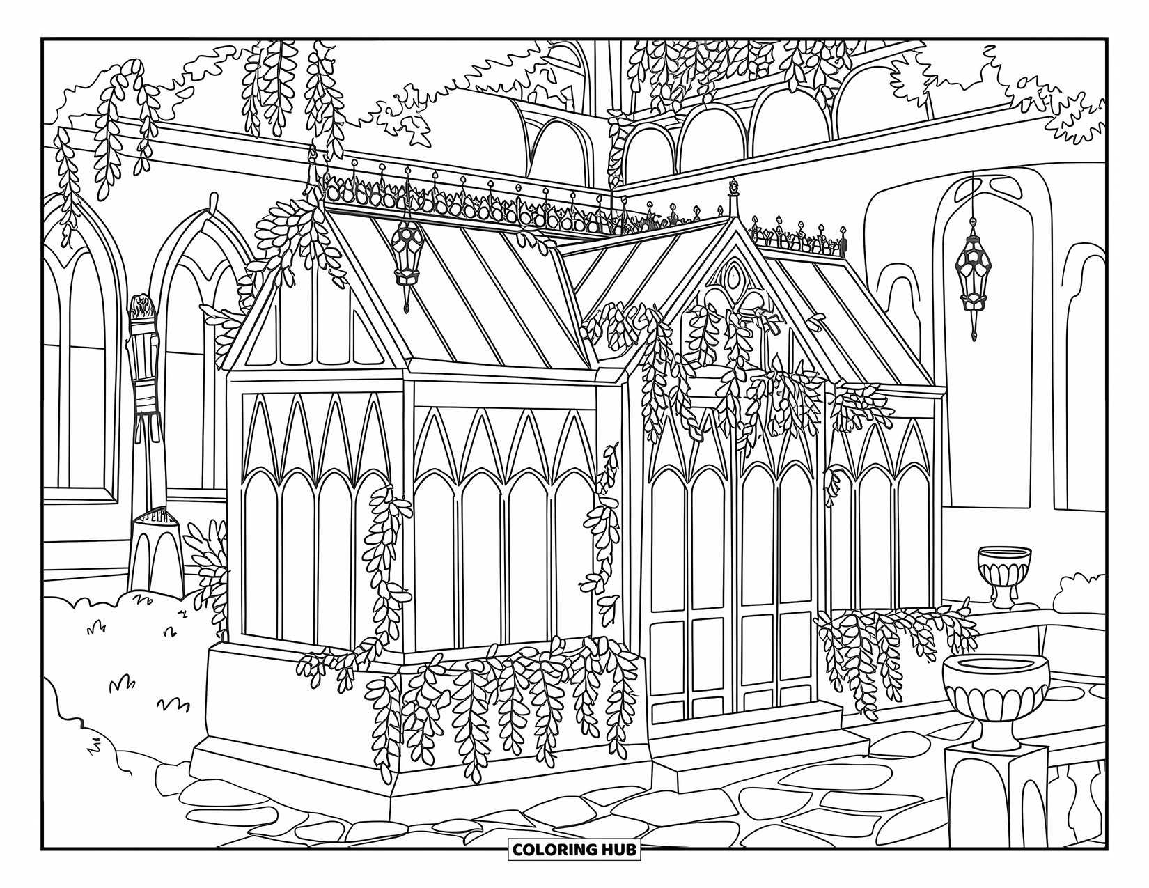 Gothic Coloring Page for Adults: A detailed greenhouse with arches, vines, and statues rests beside a Gothic-style building