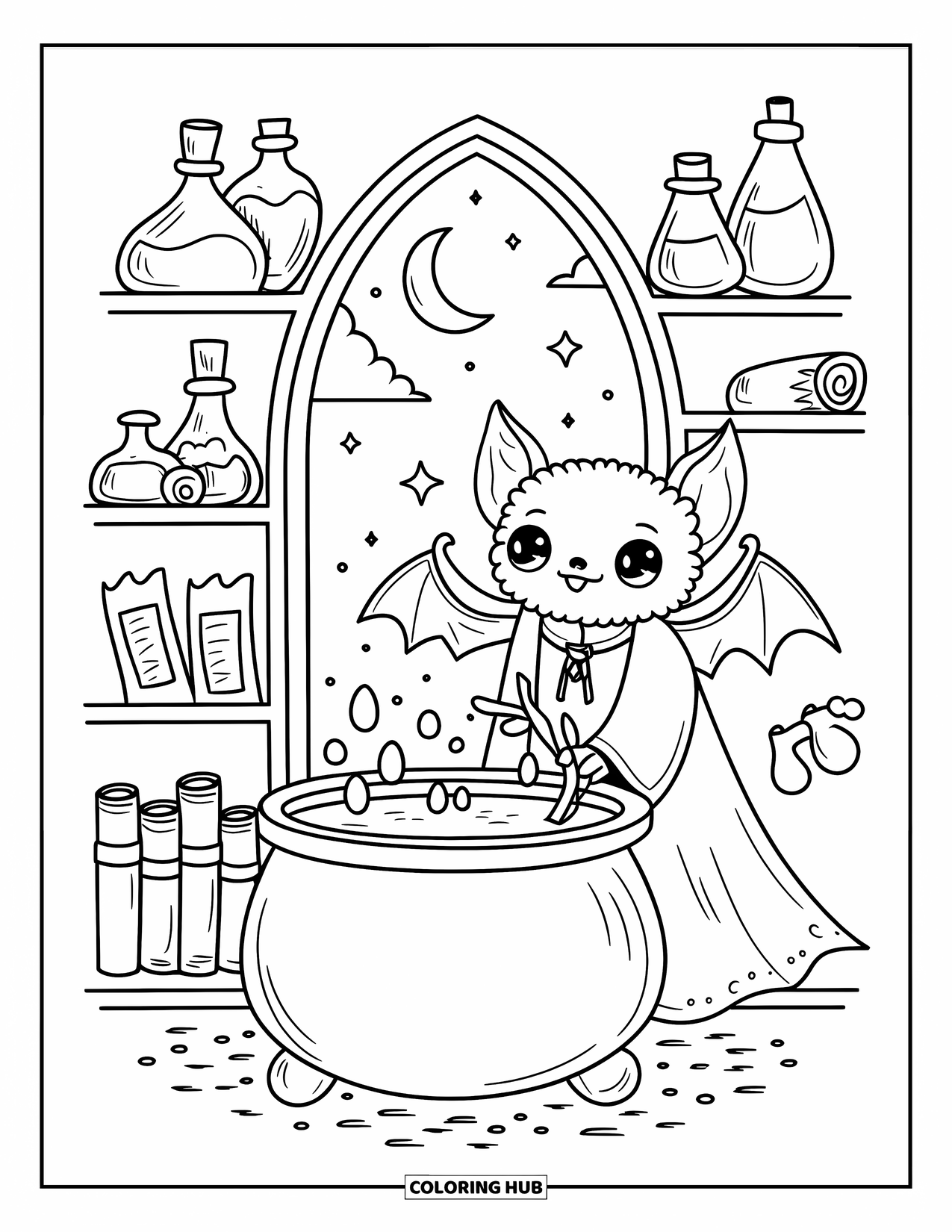 Gothic Coloring Page for Adults: A fluffy bat stirs a tiny cauldron under moonlight, surrounded by potions and scrolls