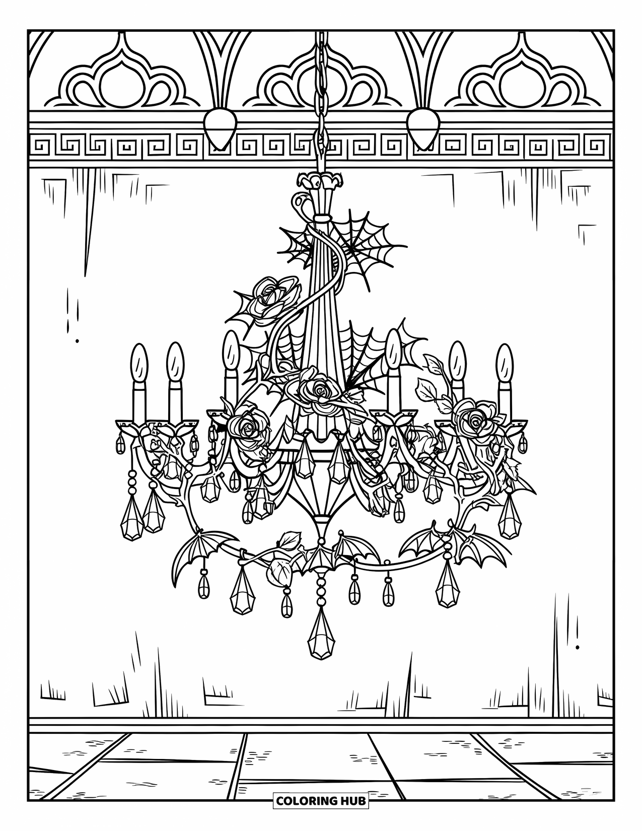 Gothic Coloring Page for Adults: A gothic chandelier sparkles with roses, cobwebs, and bat crystals above a stone floor