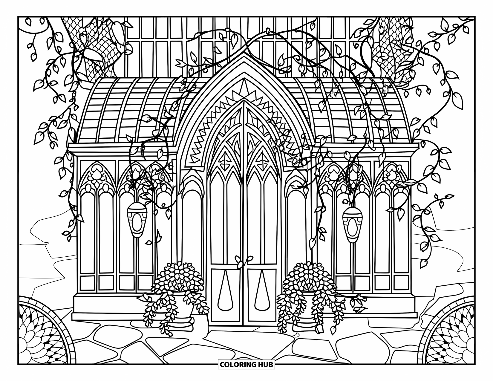 Gothic Coloring Page for Adults: A gothic greenhouse stands with vines, lanterns, and glass arches in a lush garden