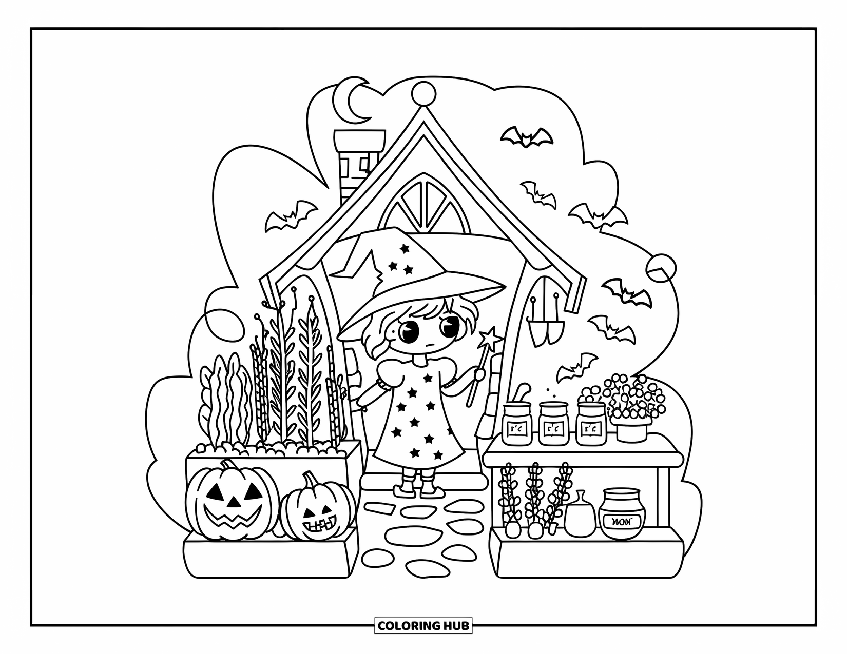 Gothic Coloring Page for Adults: A kawaii witch with a wand stands by her herb garden near bats and pumpkins