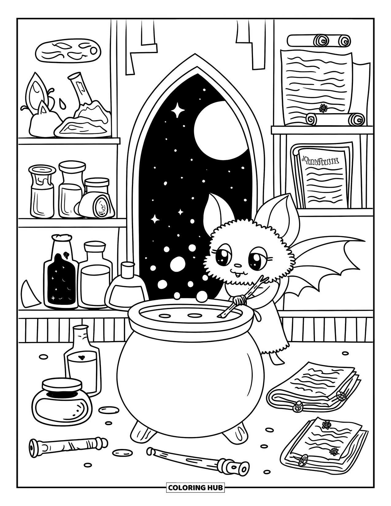 Gothic Coloring Page for Adults: A magical bat stirs a bubbling cauldron as the moon glows through a gothic arch