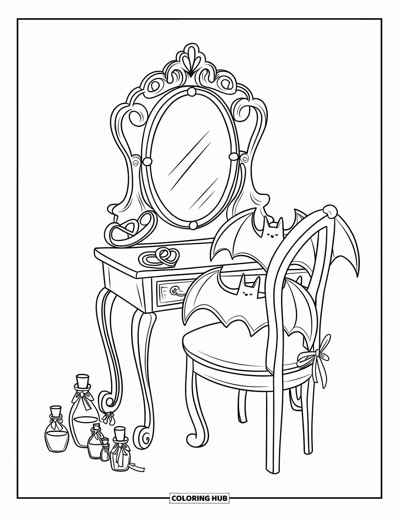 Gothic Coloring Page for Adults: A plush bat pillow rests near potions and rings on a charming gothic vanity