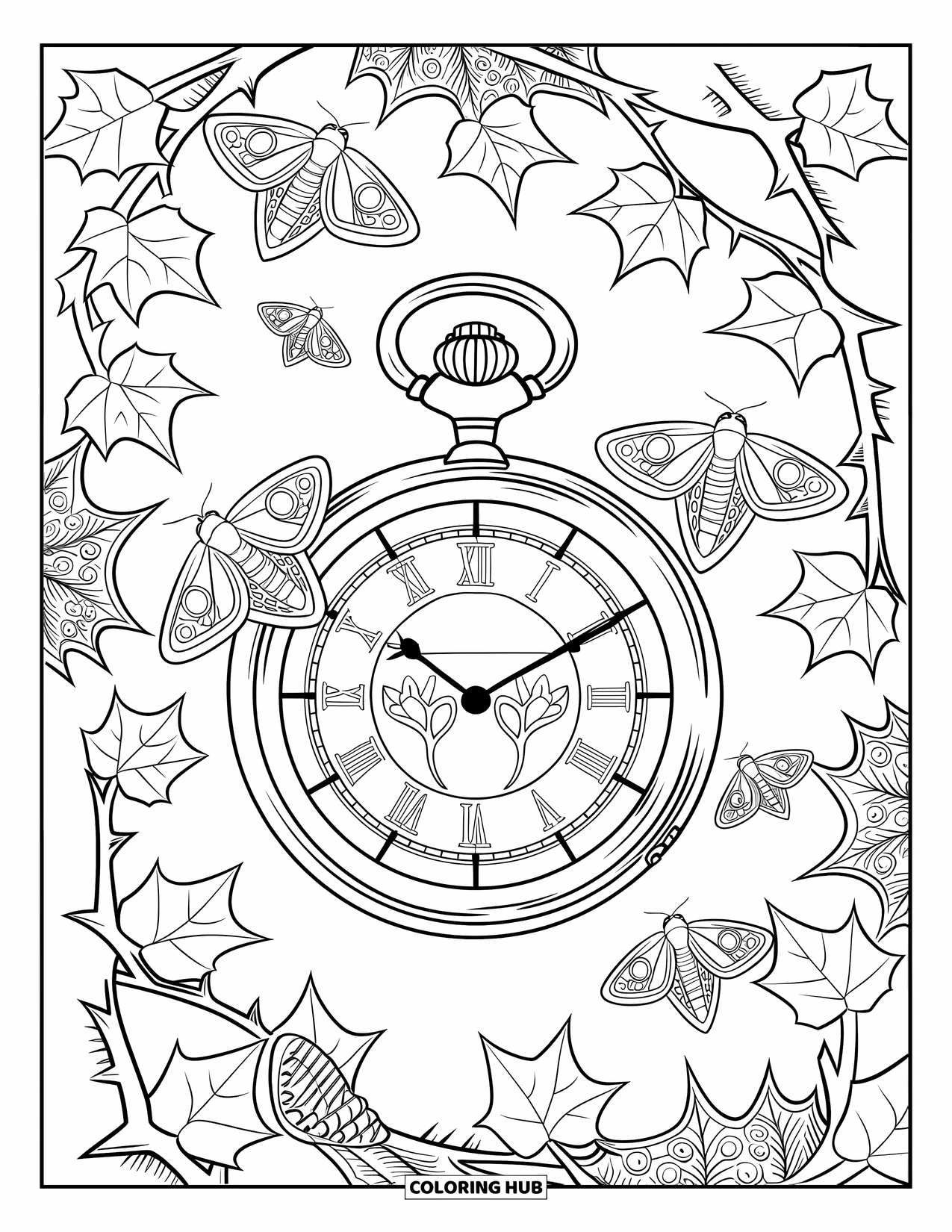 Gothic Coloring Page for Adults: A pocket watch sits in ivy and thorns as moths fly around its detailed face