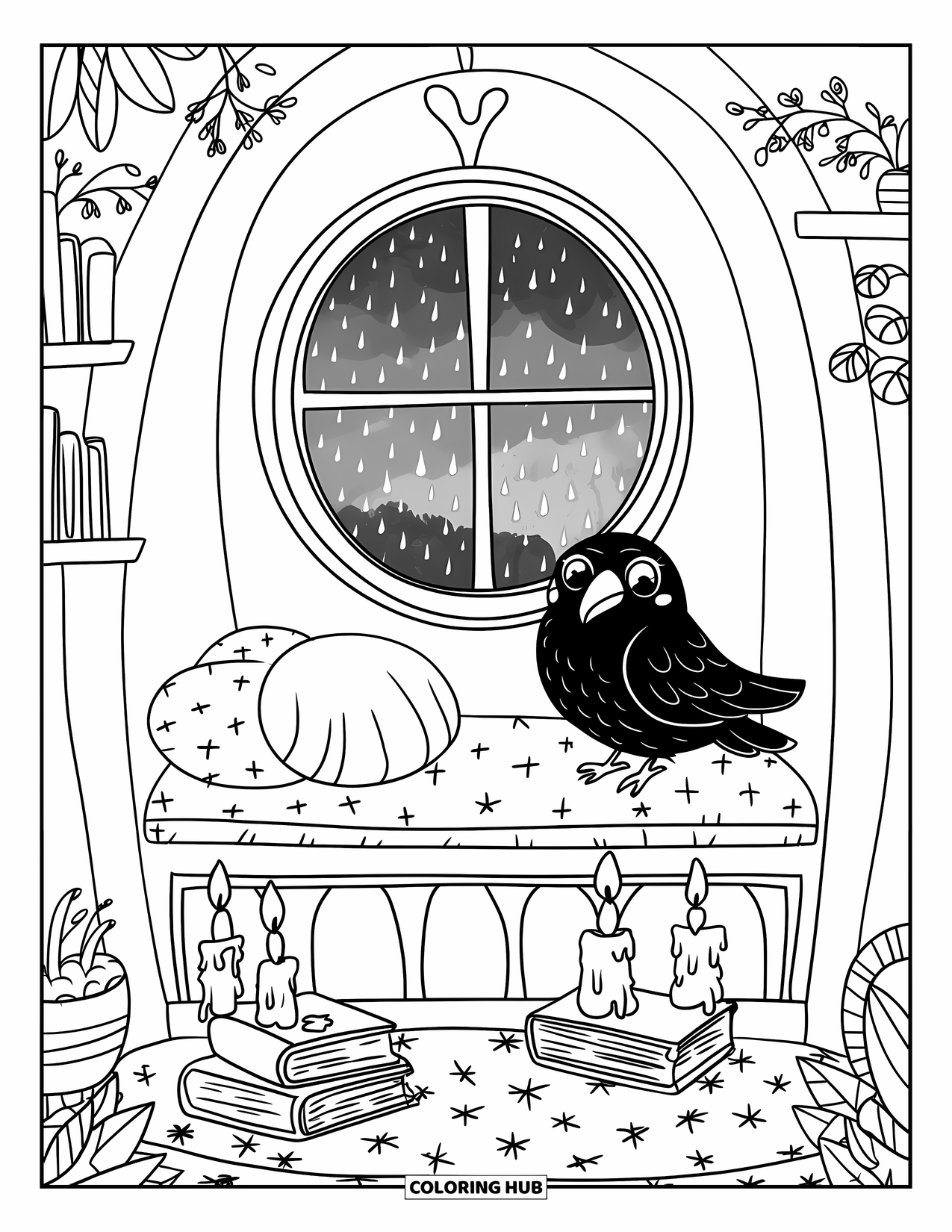 Gothic Coloring Page for Adults: A raven rests on a windowsill beside spell books, candles, and a plush cushion
