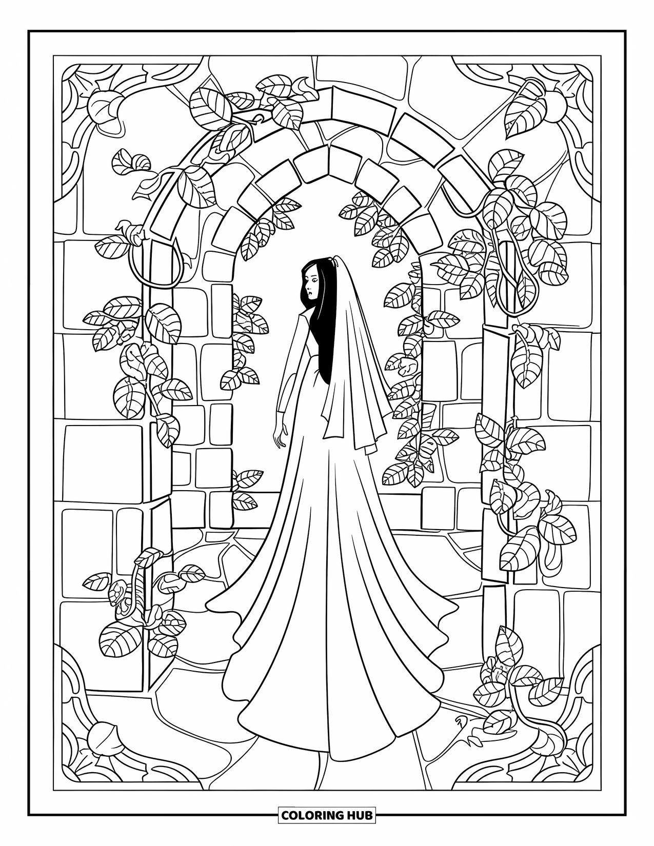 Gothic Coloring Page for Adults: A robed woman walks through vine-covered arches with flowers and detailed borders around