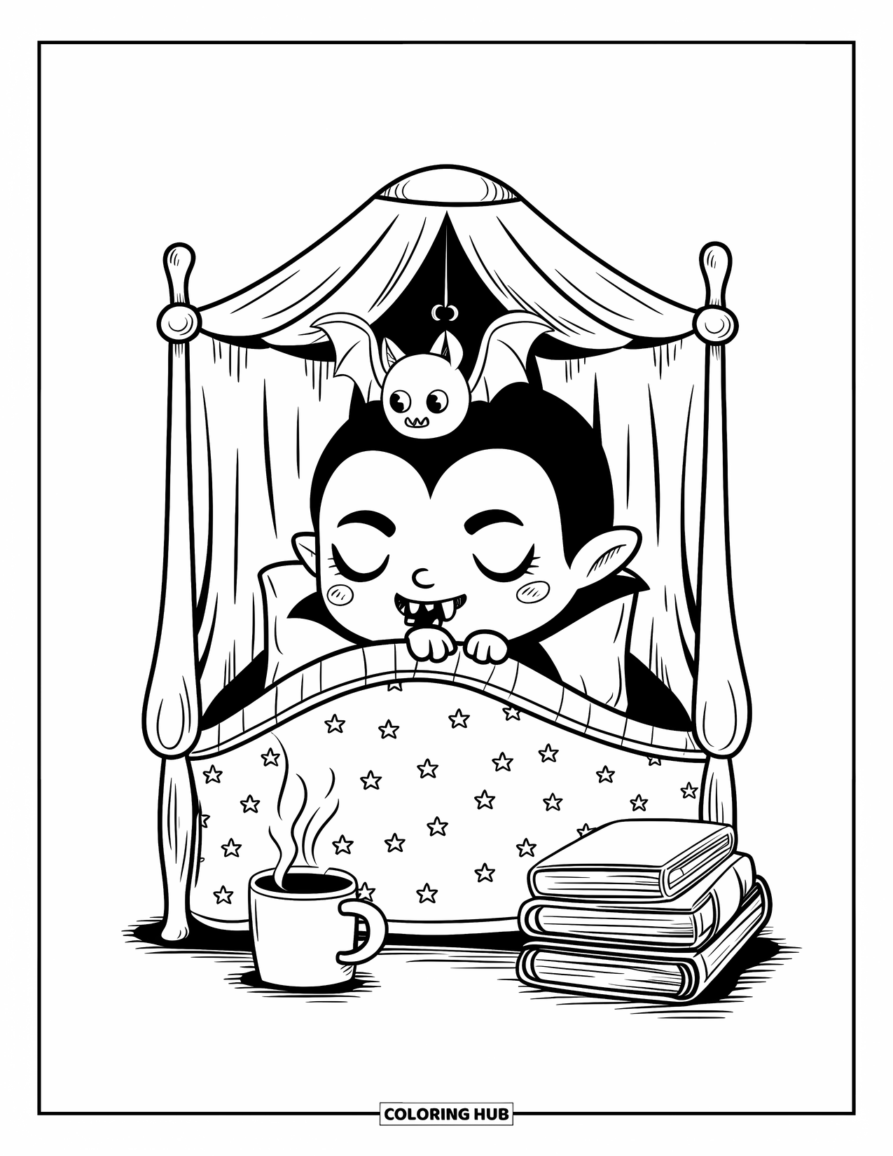 Gothic Coloring Page for Adults: A sleepy vampire sips tea beside books as a bat hangs above the cozy bed