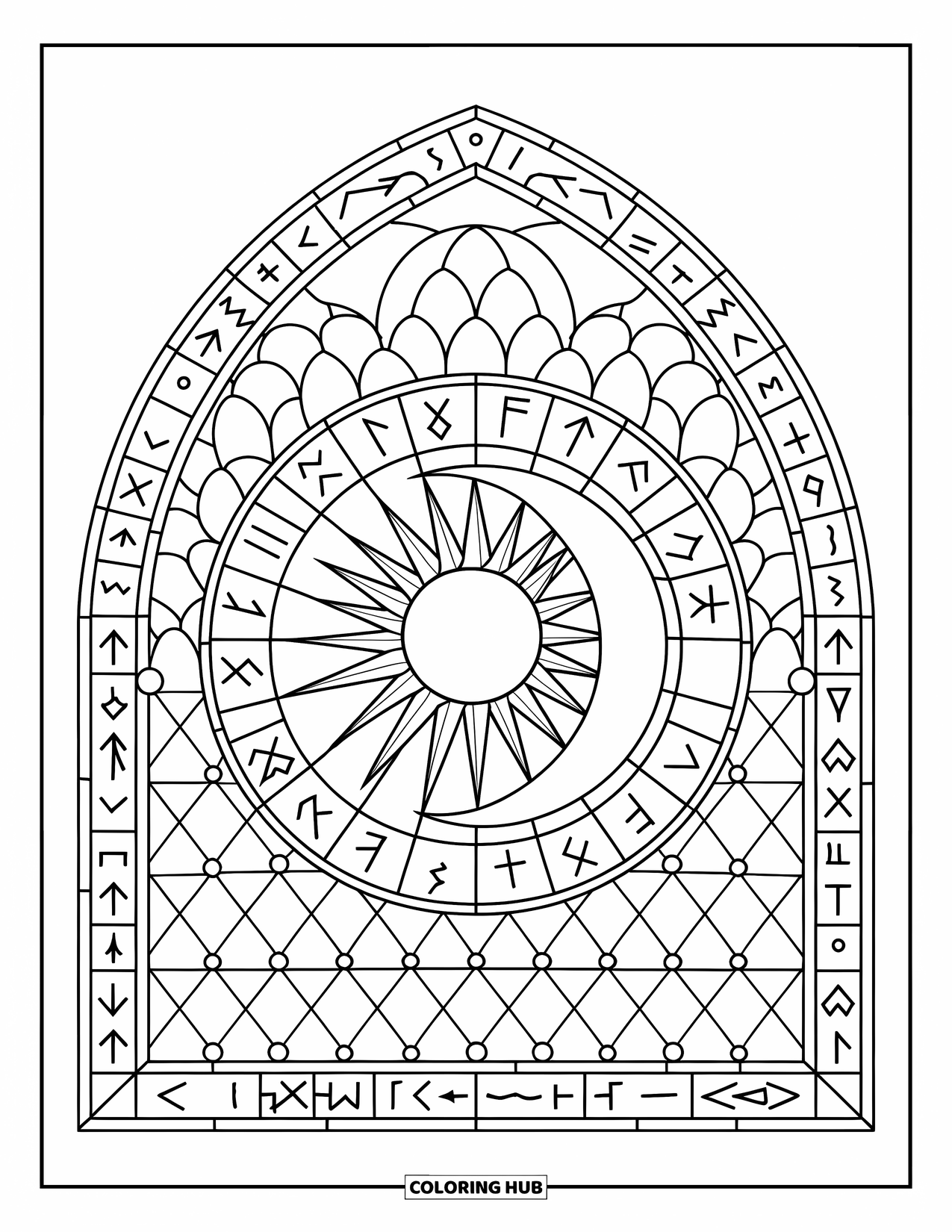 Gothic Coloring Page for Adults: A stained glass window shows a sun and moon framed by celestial runes and patterns
