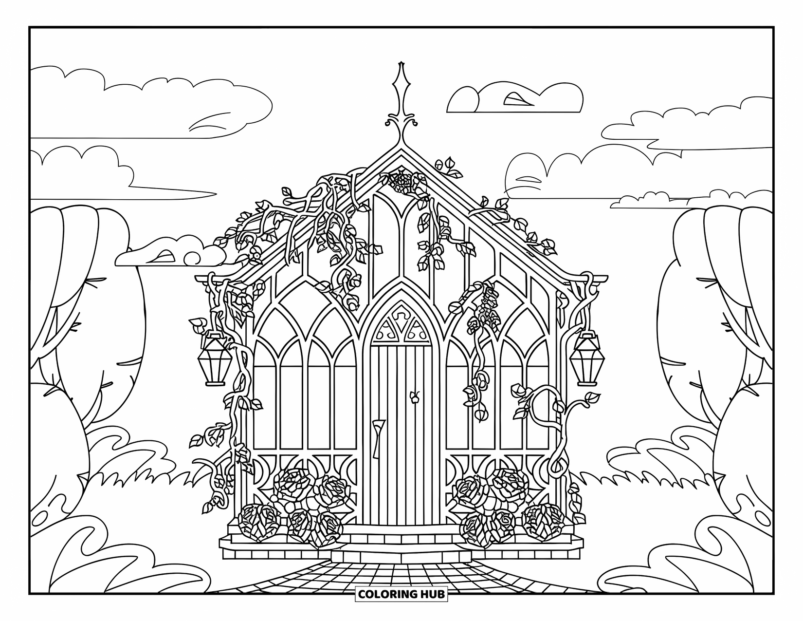Gothic Coloring Page for Adults: A vine-covered gothic greenhouse glows with lanterns and is framed by trees and clouds